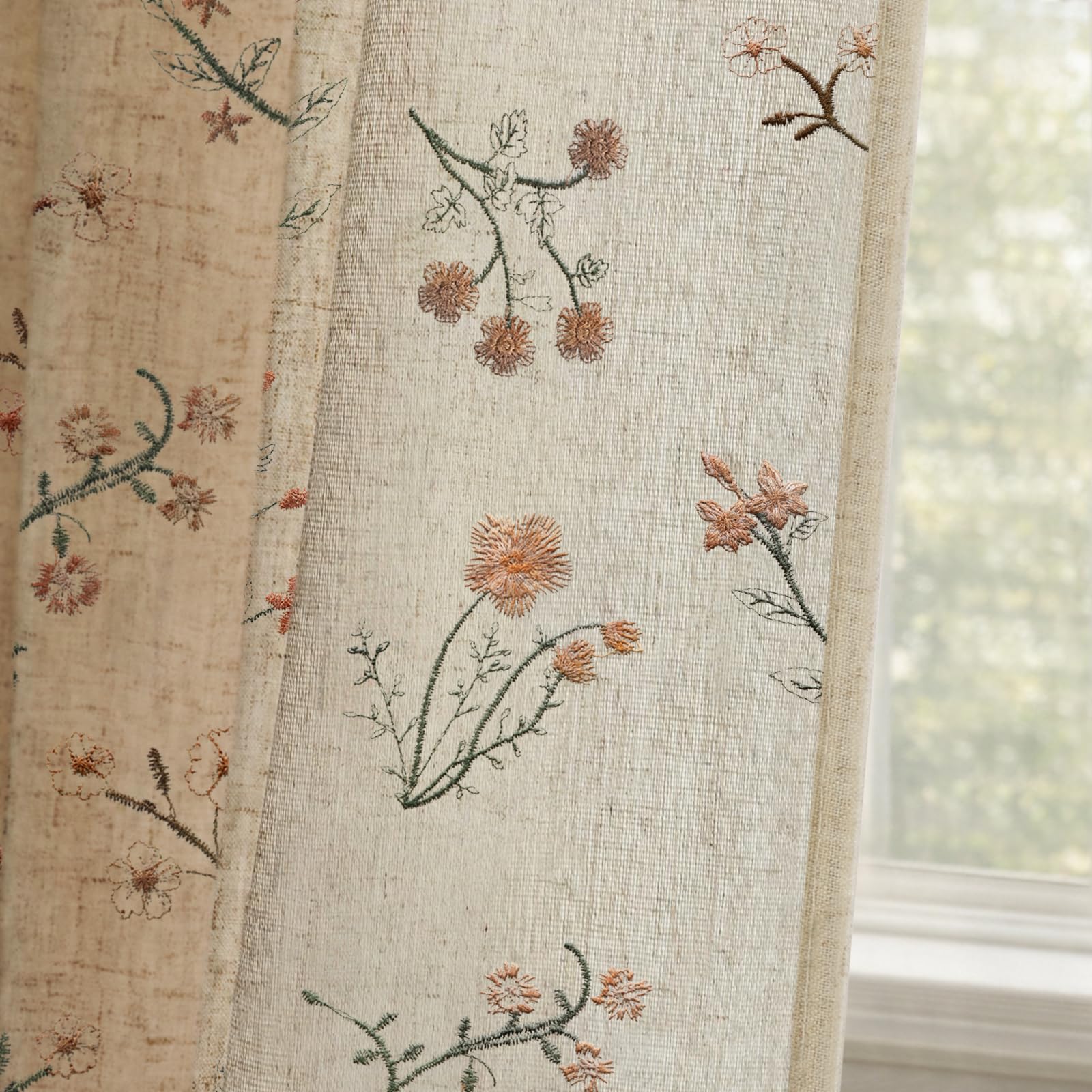 Boho Floral Spring Semi Sheer Curtains 84 Inch Length 2 Panels Set, Linen Texture Farmhouse Light Filtering Curtains Beige Tassel for Bedroom Living Room Vintage Rustic Patterned Printed Rod Pocket
