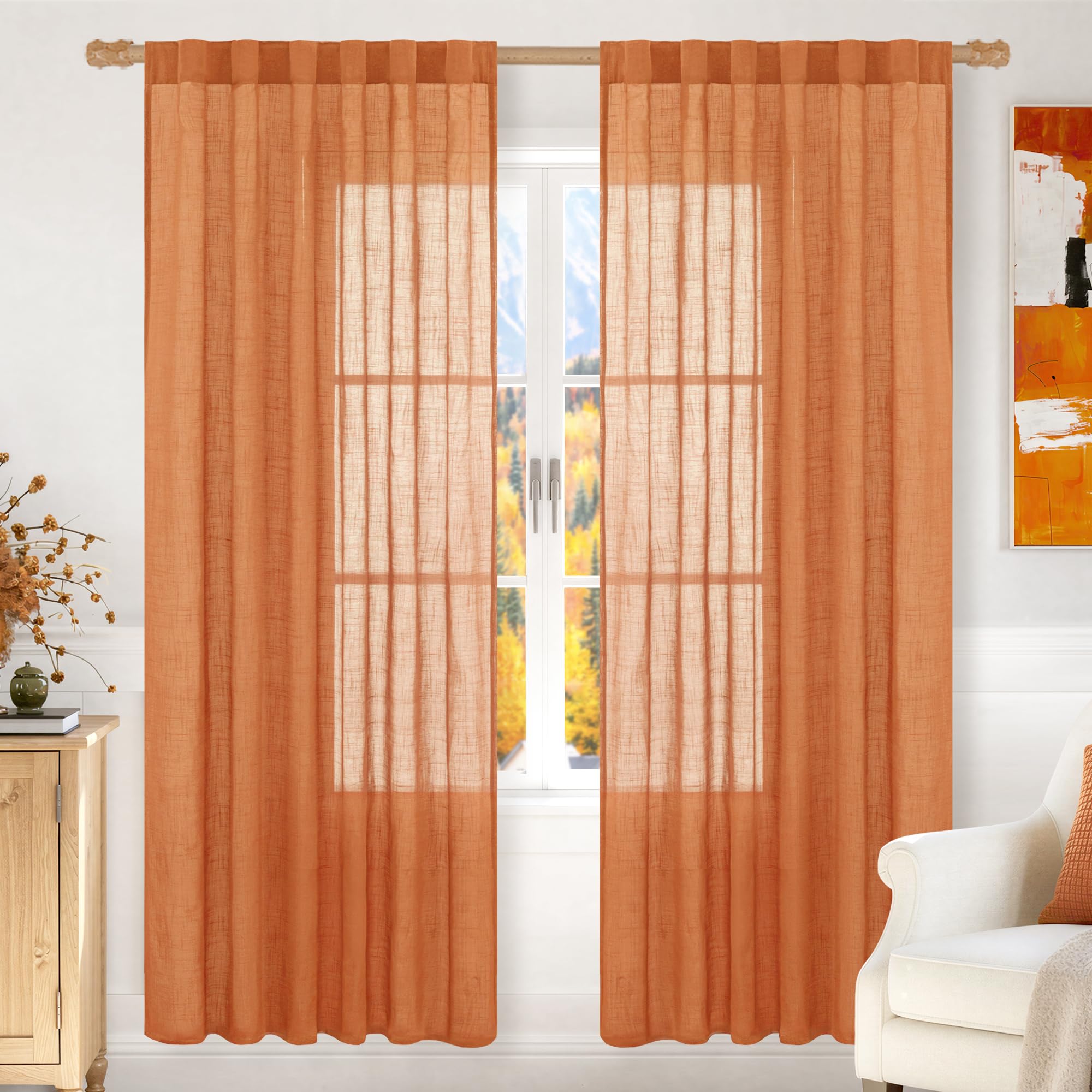 LAMIT Natural Linen Sheer Curtains 90 Inches Long 2 Panels, Long Light Filtering Window Treatments Back Tab and Rod Pocket Farmhouse Boho Panels for Living Room/Bedroom/Dining Room, 52 x 90 Inch
