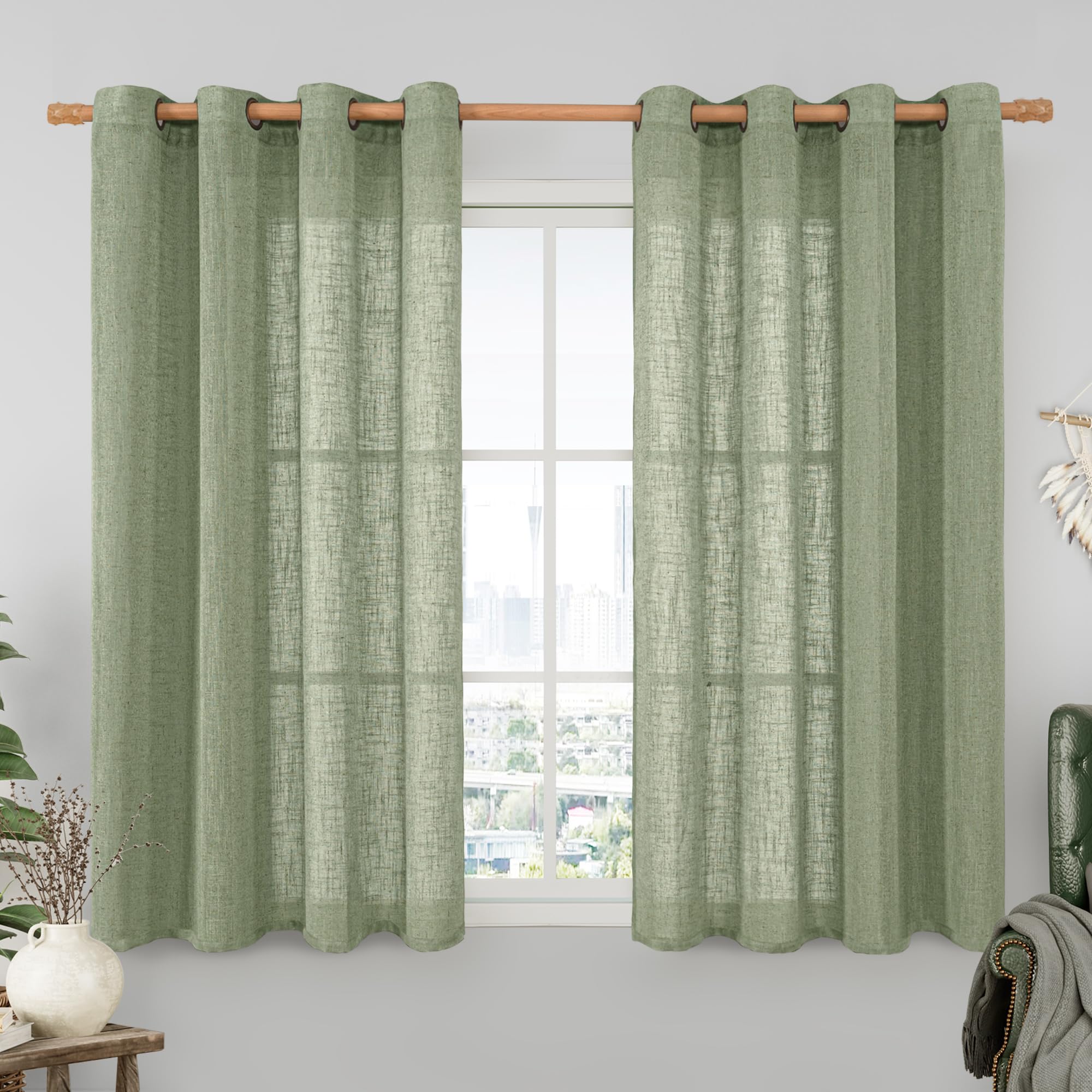 LAMIT Natural Cream Ivory Long Linen Curtains for Living Room, 108 inches Long Bronze Grommet Light Filtering Window Textured Neutral Sheer Drapes for Bedroom Farmhouse, 2 Panels, 52 x 108 Inch