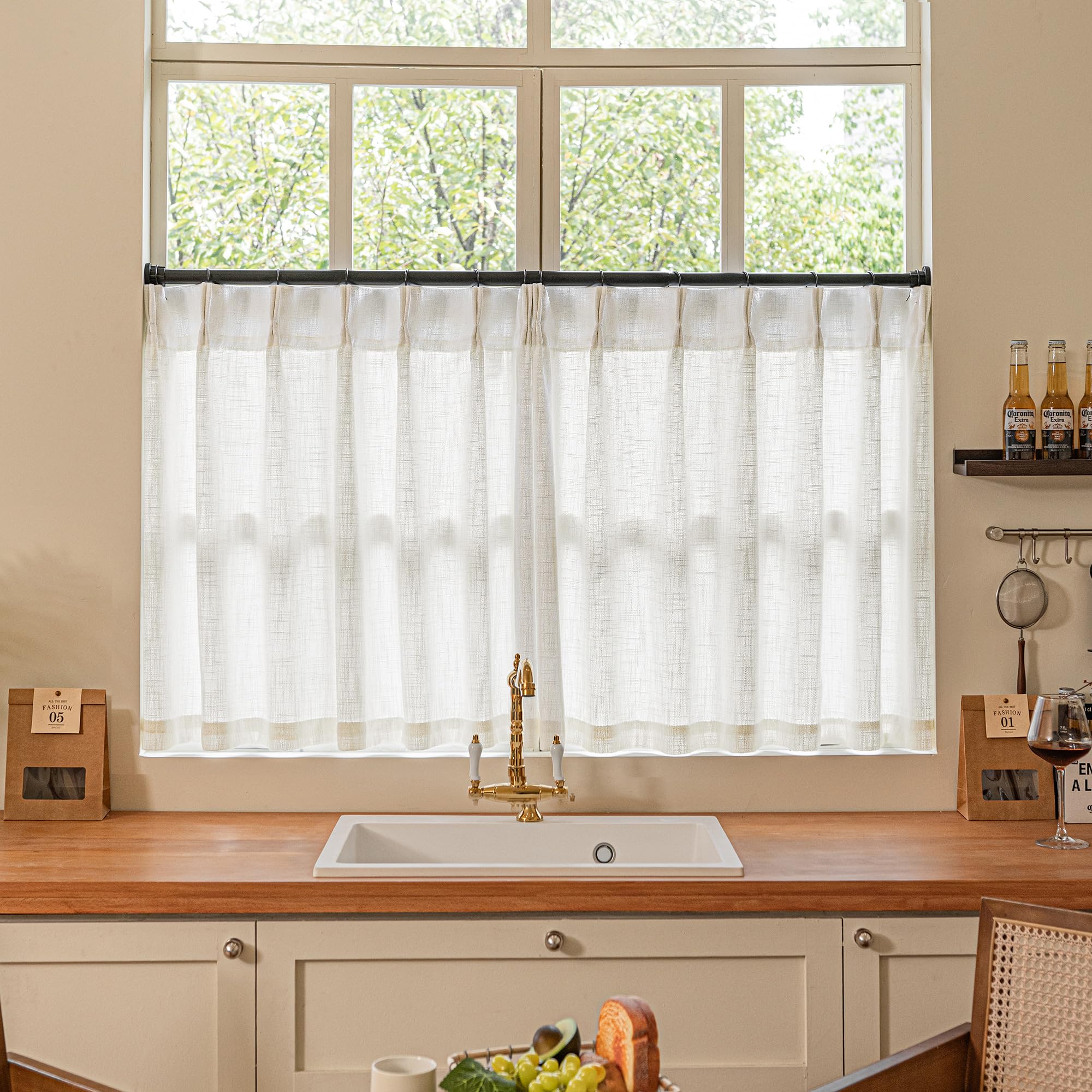 Natural Pinch Pleated Linen Curtains 84 Inch Length 2 Panels for Living Room Bedroom Textured Cream Ivory Birch Semi Sheer Boho Neutral Back Tab Pinch Pleat Hooks Rings Window Curtain 84 Inches Long