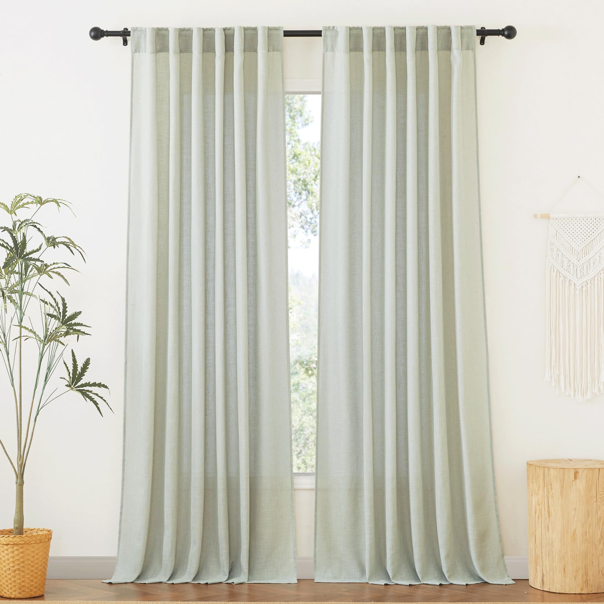 RYB HOME Semi Sheer Curtains 102 inches Long, Back Tab Light Filtration Half Privacy Window Curtains & Drapes for Bedroom Living Room, Linen, W 52 x L 102 inches, 2 Panels Set