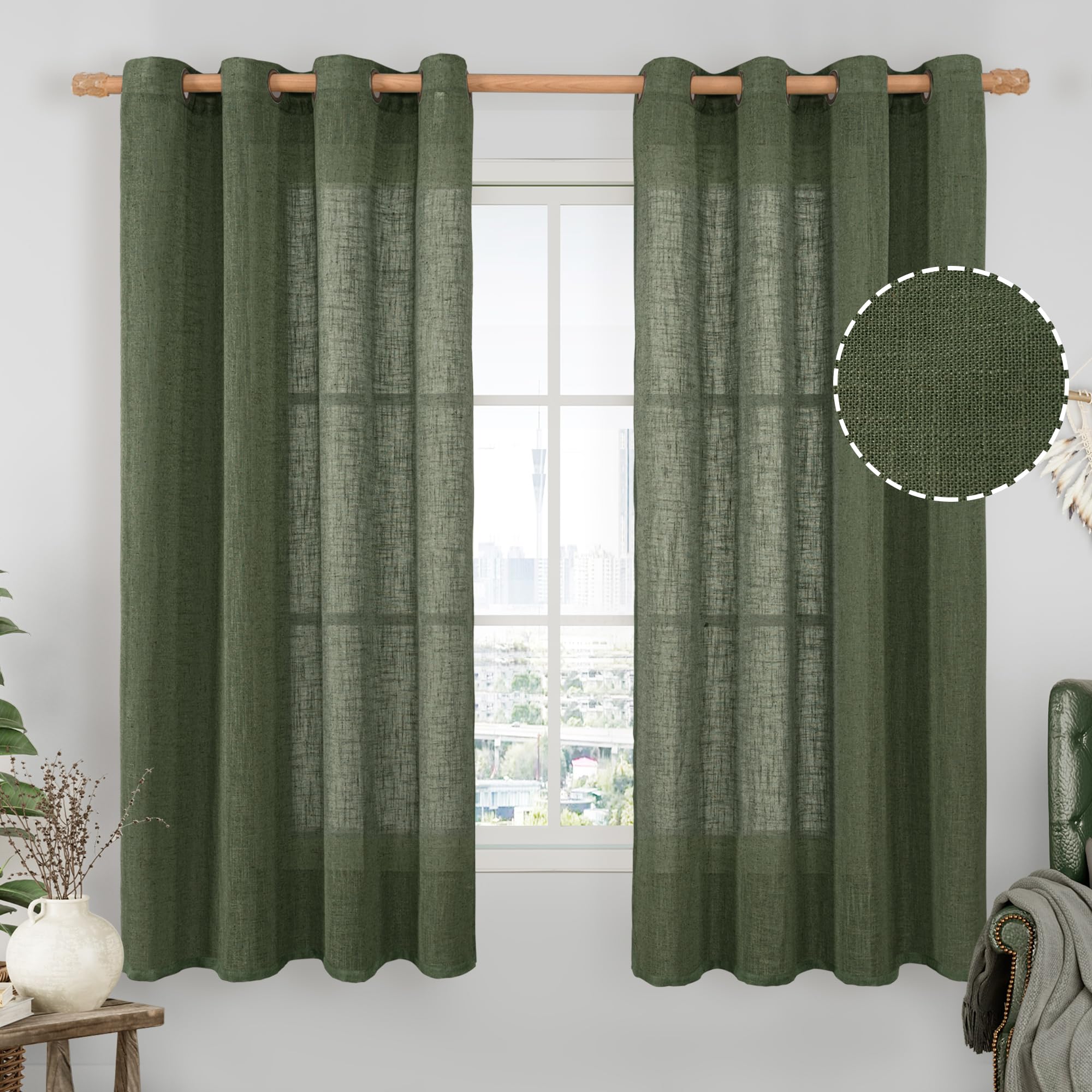 LAMIT Natural Cream Ivory Long Linen Curtains for Living Room, 108 inches Long Bronze Grommet Light Filtering Window Textured Neutral Sheer Drapes for Bedroom Farmhouse, 2 Panels, 52 x 108 Inch