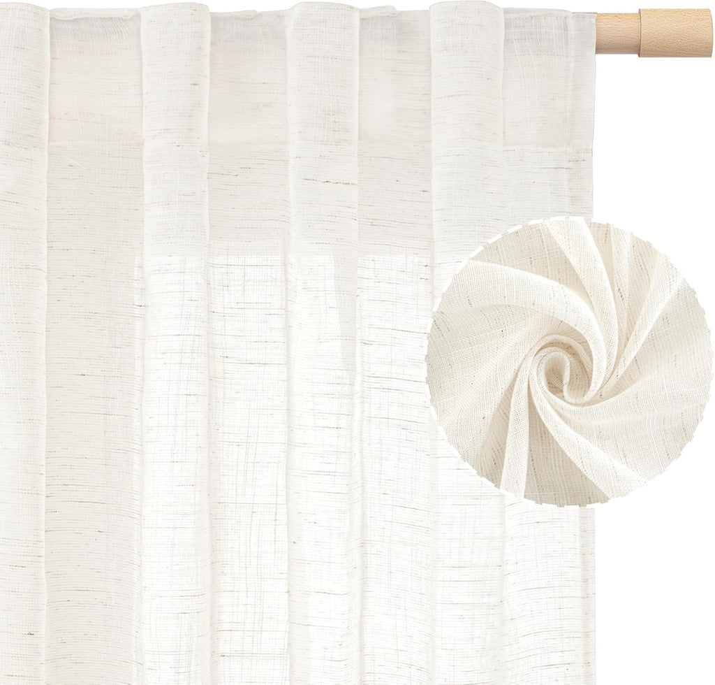 LAMIT Natural Linen Sheer Curtains 90 Inches Long 2 Panels, Long Light Filtering Window Treatments Back Tab and Rod Pocket Farmhouse Boho Panels for Living Room/Bedroom/Dining Room, 52 x 90 Inch