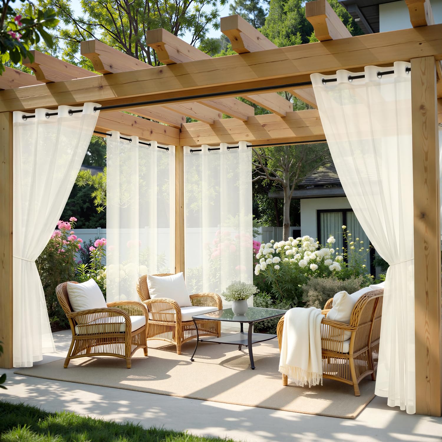 MIULEE White Outdoor Curtain for Patio Waterproof, 4 Panels Grommet Outside Sheer Curtains for Gazebo/Pergola/Cabana/Porch/Balcony, 54 x 108 Inch Long
