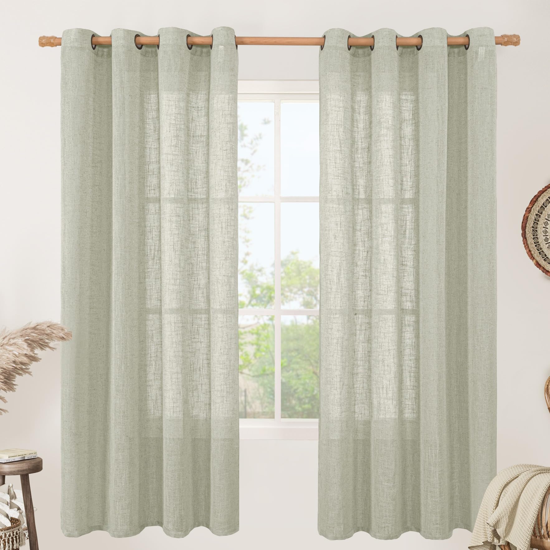 LAMIT Natural Cream Ivory Long Linen Curtains for Living Room, 108 inches Long Bronze Grommet Light Filtering Window Textured Neutral Sheer Drapes for Bedroom Farmhouse, 2 Panels, 52 x 108 Inch