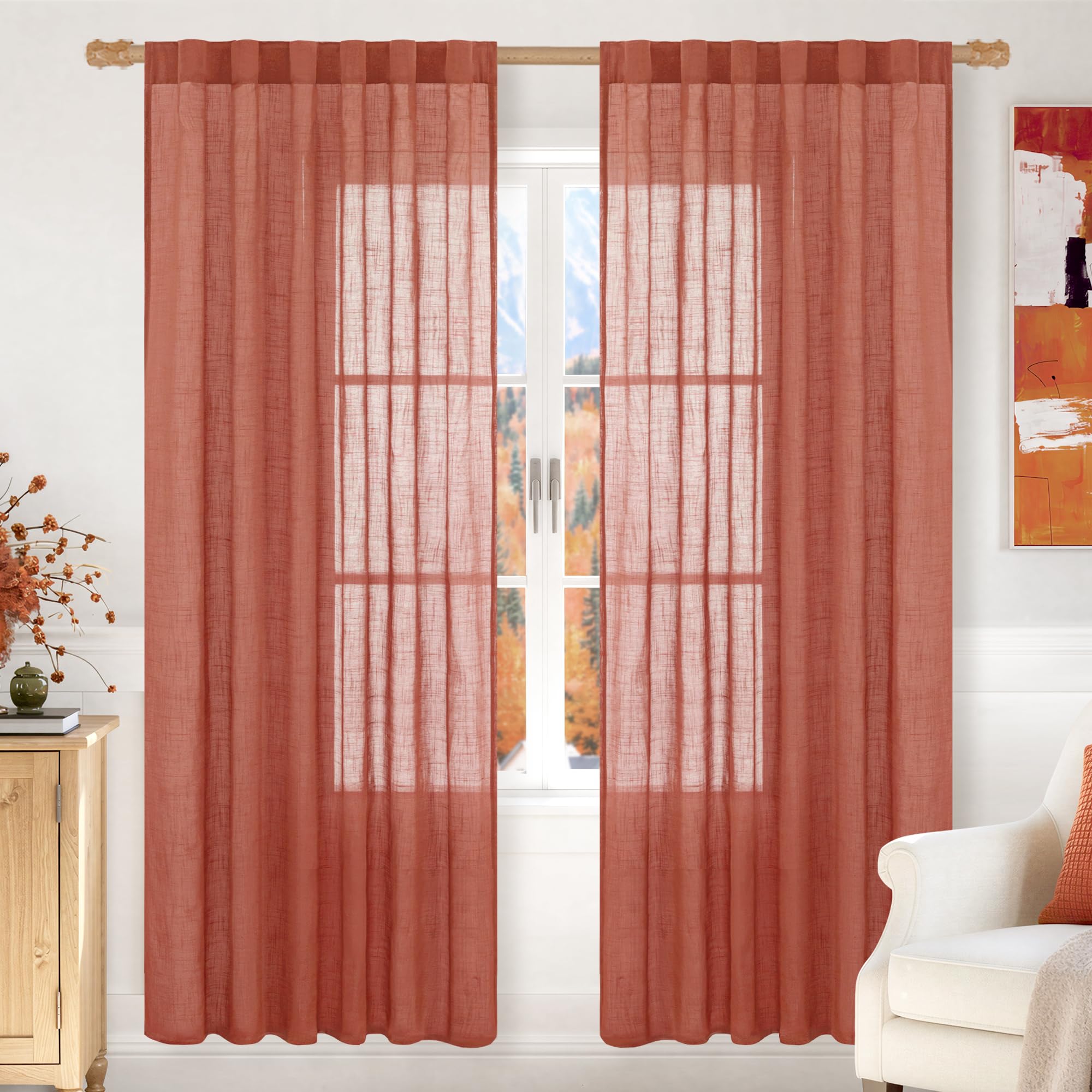 LAMIT Natural Linen Sheer Curtains 90 Inches Long 2 Panels, Long Light Filtering Window Treatments Back Tab and Rod Pocket Farmhouse Boho Panels for Living Room/Bedroom/Dining Room, 52 x 90 Inch