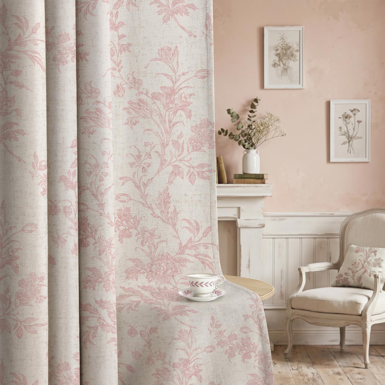 Boho Floral Spring Semi Sheer Curtains 84 Inch Length 2 Panels Set, Linen Texture Farmhouse Light Filtering Curtains Beige Tassel for Bedroom Living Room Vintage Rustic Patterned Printed Rod Pocket