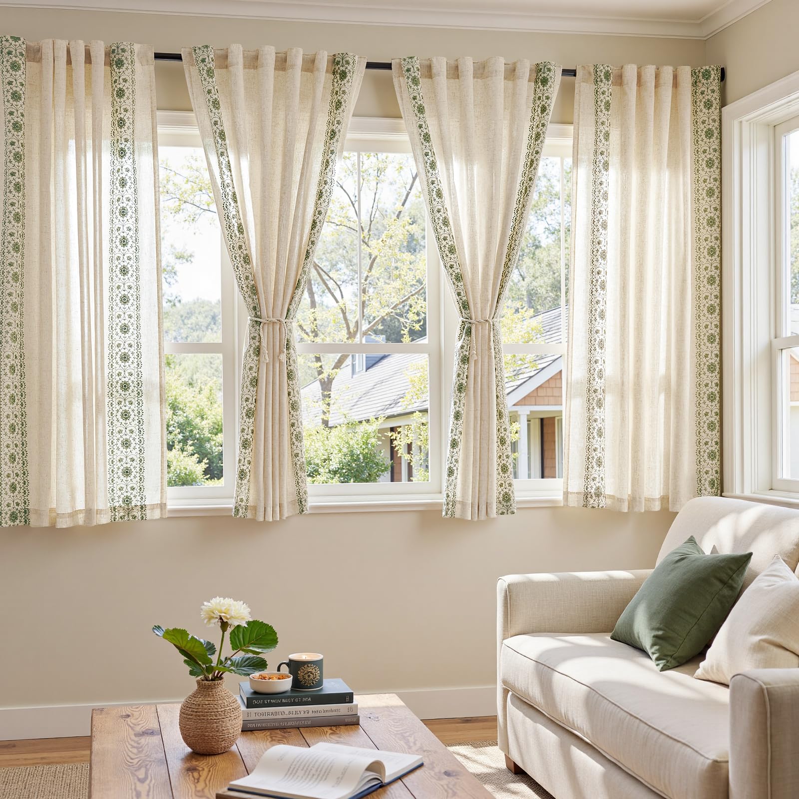 jinchan Weslie Beige Floral Sheer Curtains for Living Room 84 Inch Long Embroidered Voile Farmhouse Linen Curtains for Bedroom Ivory Flower Patterned Cottage Core Window Drapes 2 Panels Ivory on Beige