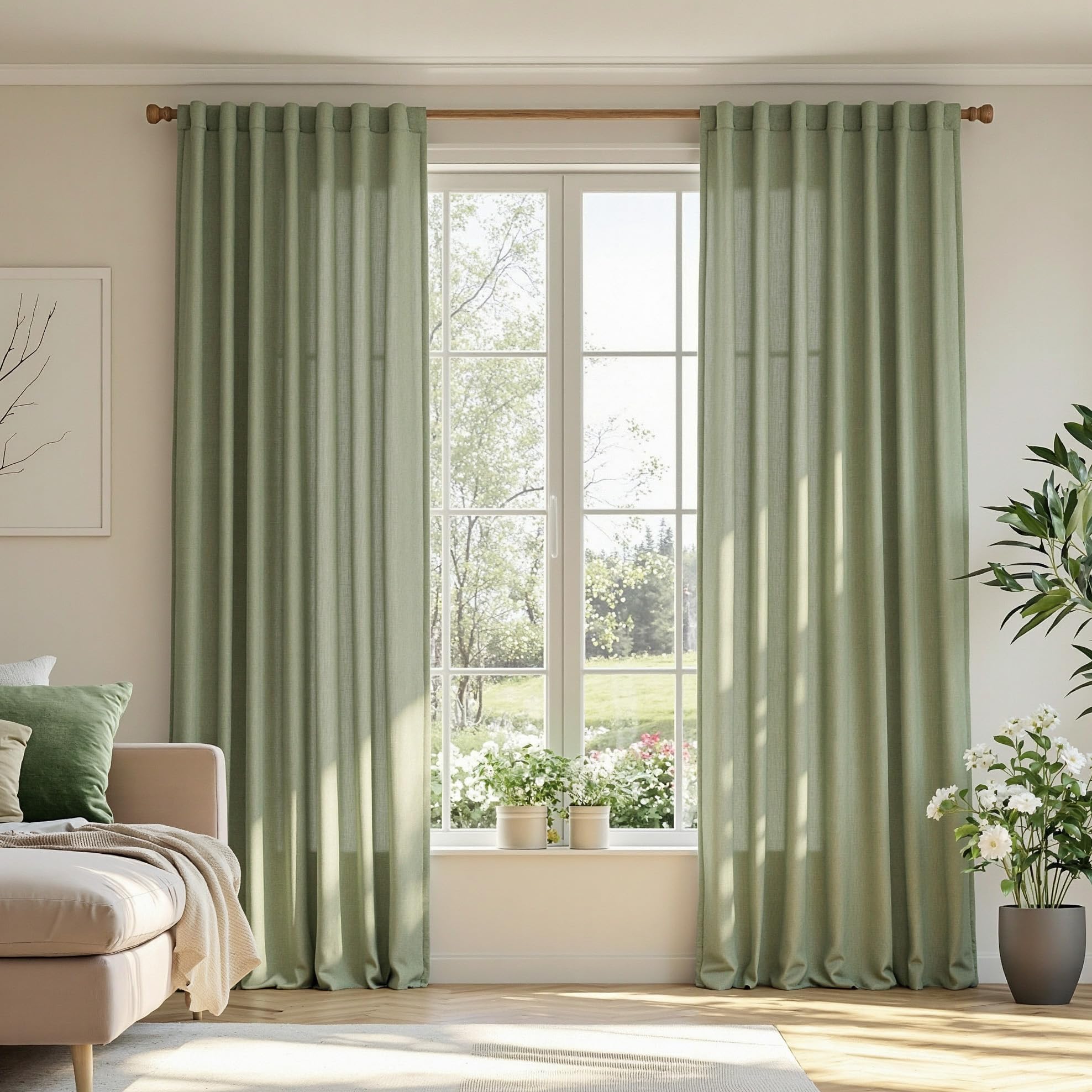 MYSKY HOME Country Curtains for Sliding Glass Door, Back Tab Semi Sheer Curtain Panels Extra Long Floor Length Drapes Linen Texture Soft Touch, 50x108 Inch, Linen, Set of 2