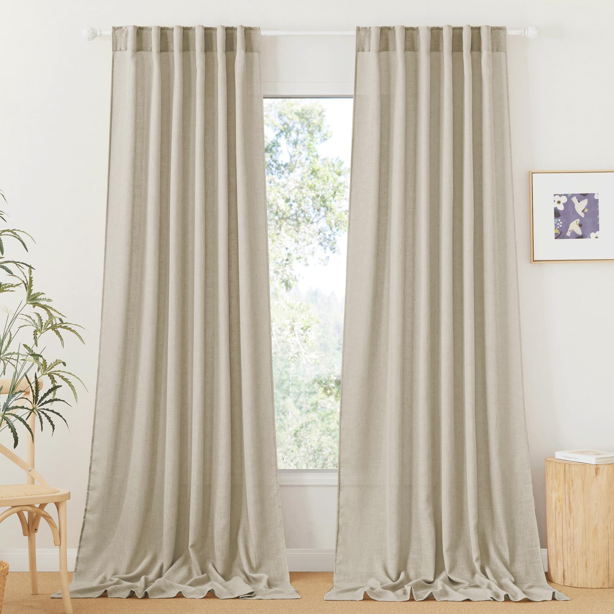 RYB HOME Semi Sheer Curtains 102 inches Long, Back Tab Light Filtration Half Privacy Window Curtains & Drapes for Bedroom Living Room, Linen, W 52 x L 102 inches, 2 Panels Set
