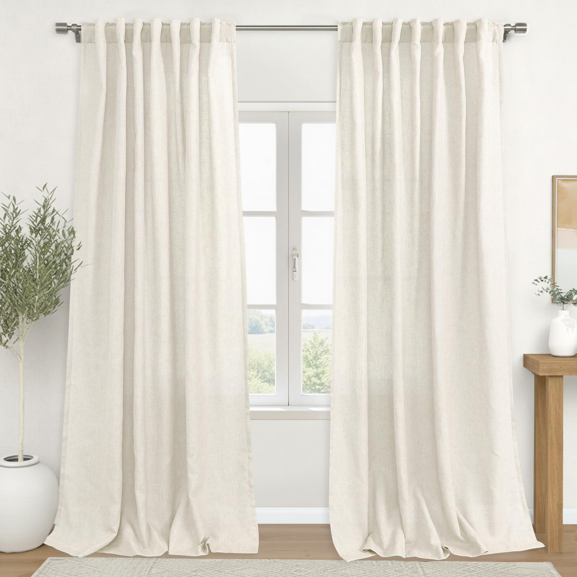 KOUFALL 92 Inch Curtains for Living Room 2 Panels Set,Light Filtering Farmhouse Boho Linen Semi Sheer Curtain Drapes 92 Inches Long for Bedroom,Cream Ivory