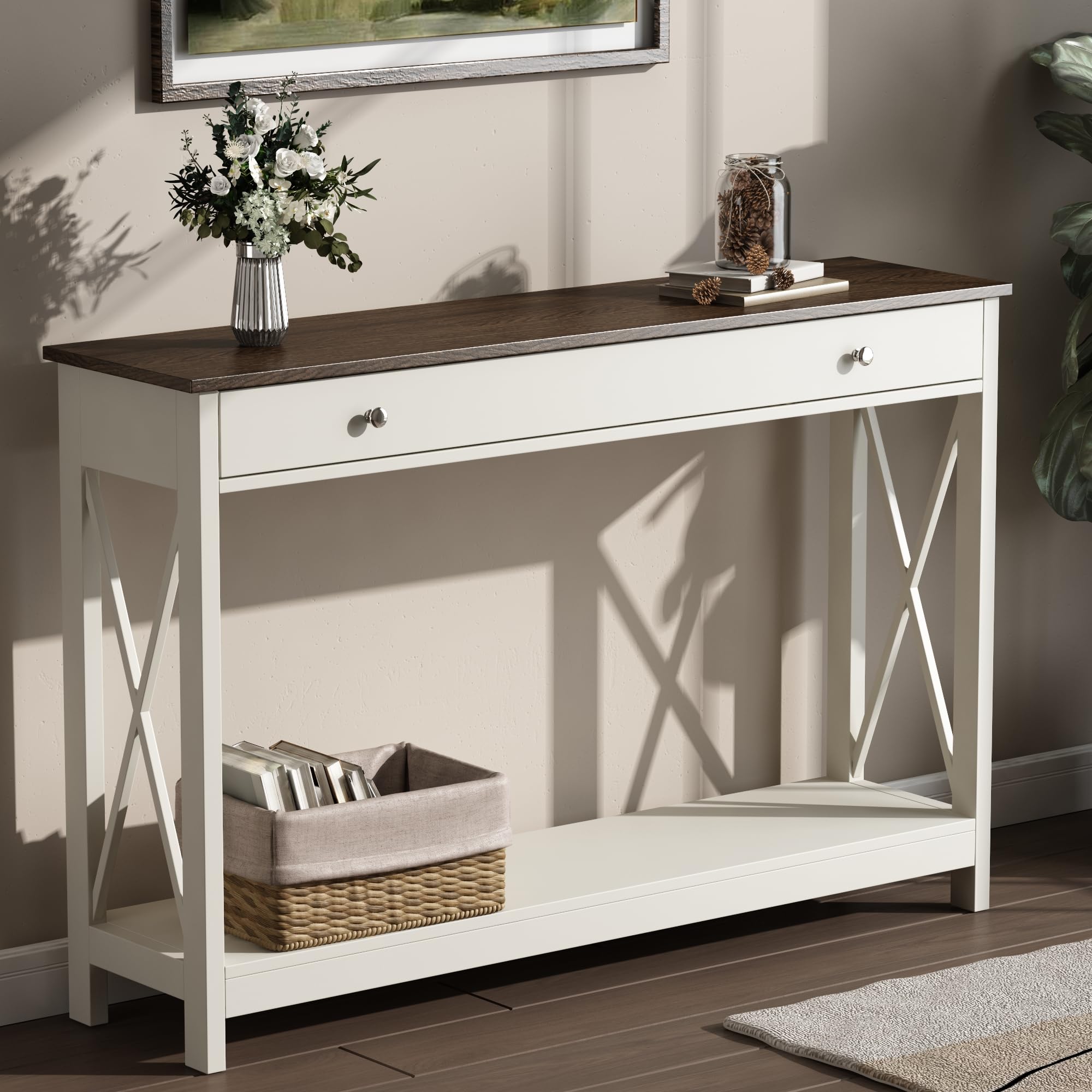 Treocho Black Console Table with Drawer and Storage Shelves, Foyer Sofa Table Narrow for Entryway, Living Room, Hallway