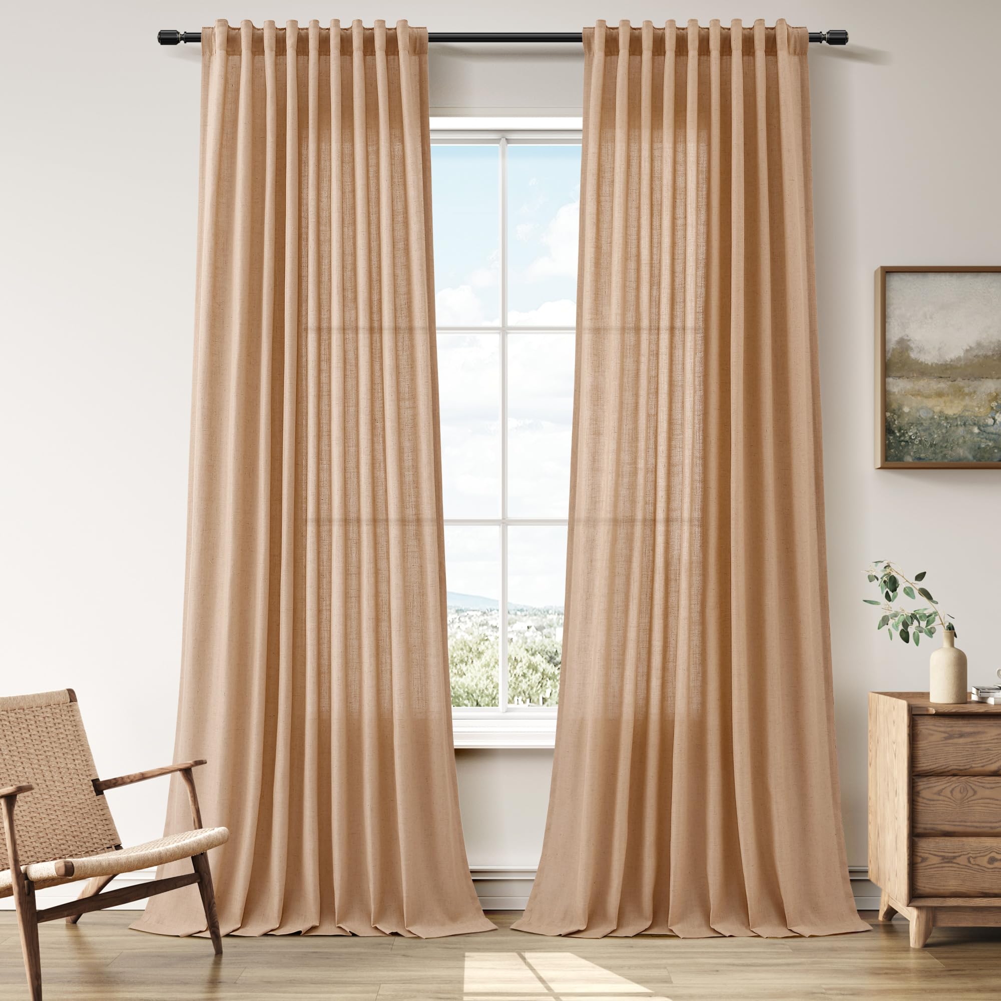 Nanspring Linen Curtains 80 Inches Long for Living Room Semi Sheer Light Filtering Curtain Back Tab Neutral Boho Modern Farmhouse Window Drapes for Bedroom 52x80 2 Panels Cream Ivory Beige Natural