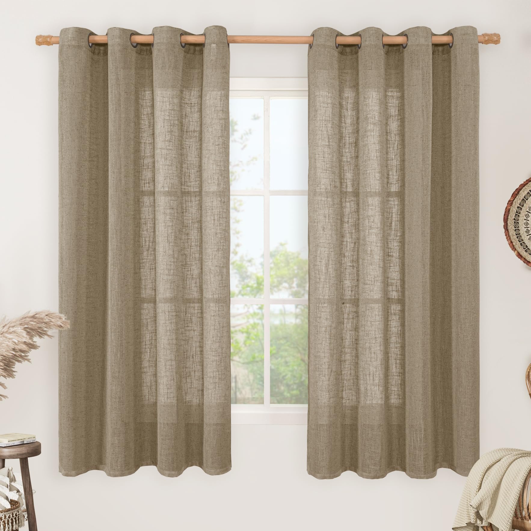 LAMIT Natural Cream Ivory Long Linen Curtains for Living Room, 108 inches Long Bronze Grommet Light Filtering Window Textured Neutral Sheer Drapes for Bedroom Farmhouse, 2 Panels, 52 x 108 Inch