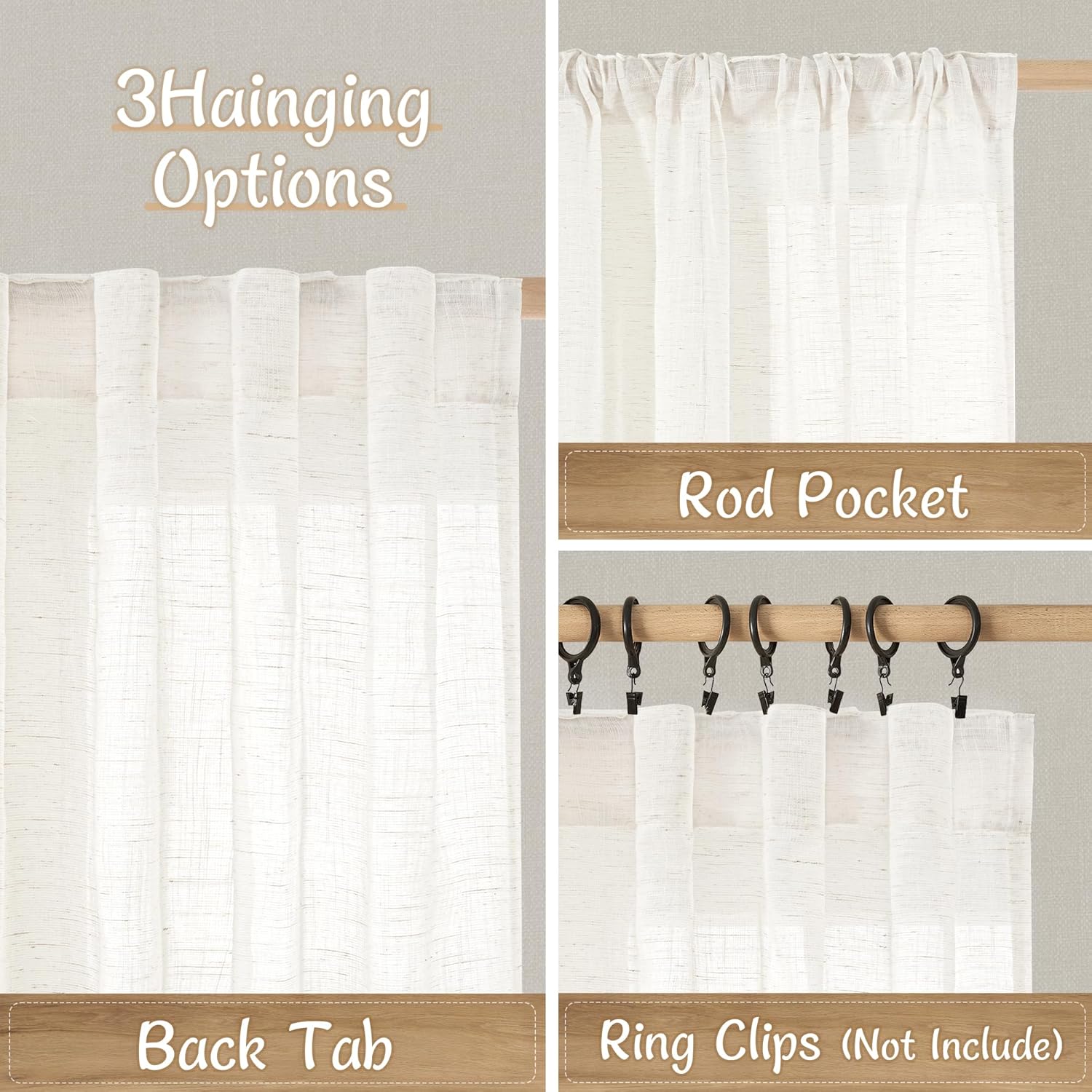 LAMIT Natural Linen Sheer Curtains 90 Inches Long 2 Panels, Long Light Filtering Window Treatments Back Tab and Rod Pocket Farmhouse Boho Panels for Living Room/Bedroom/Dining Room, 52 x 90 Inch