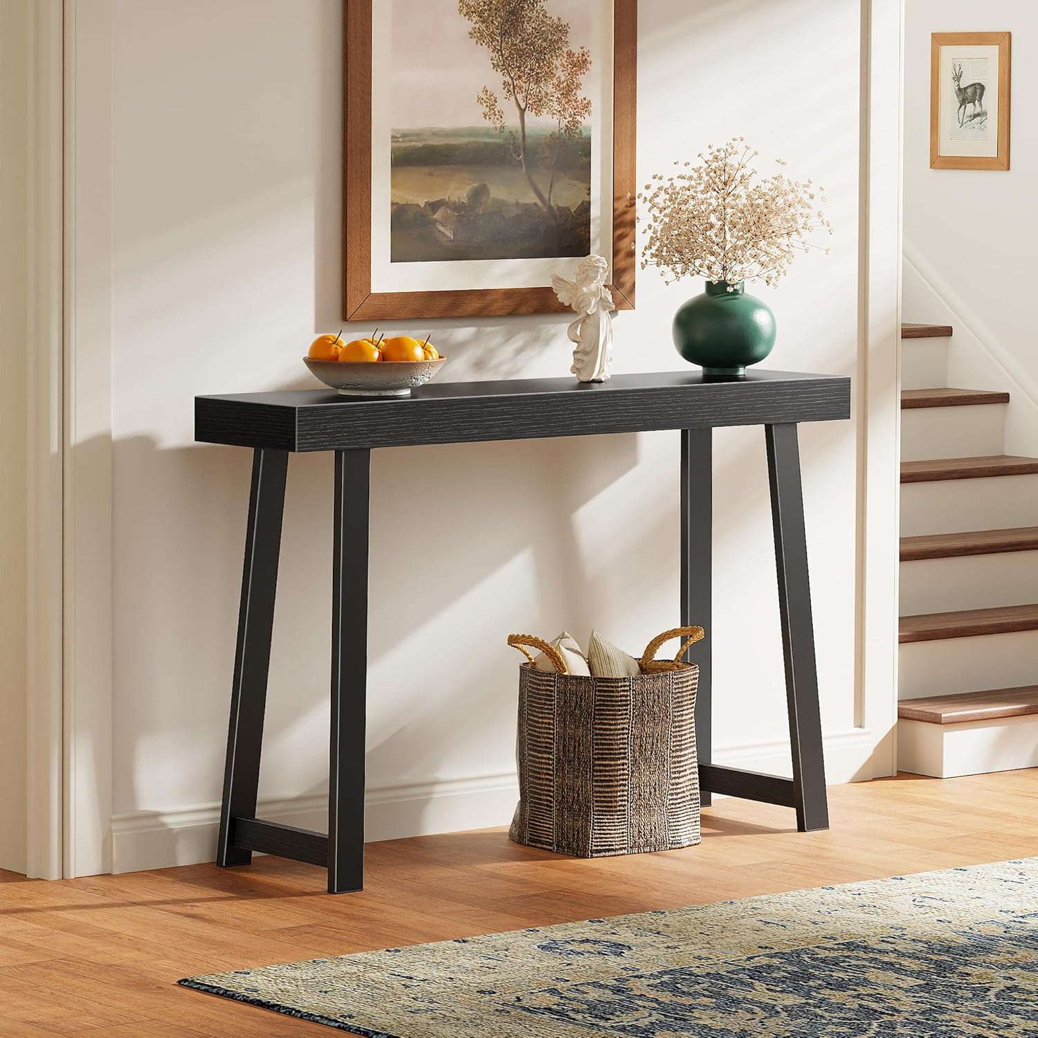 47.2" Black Modern Console Table with Charging Station & Metal Legs