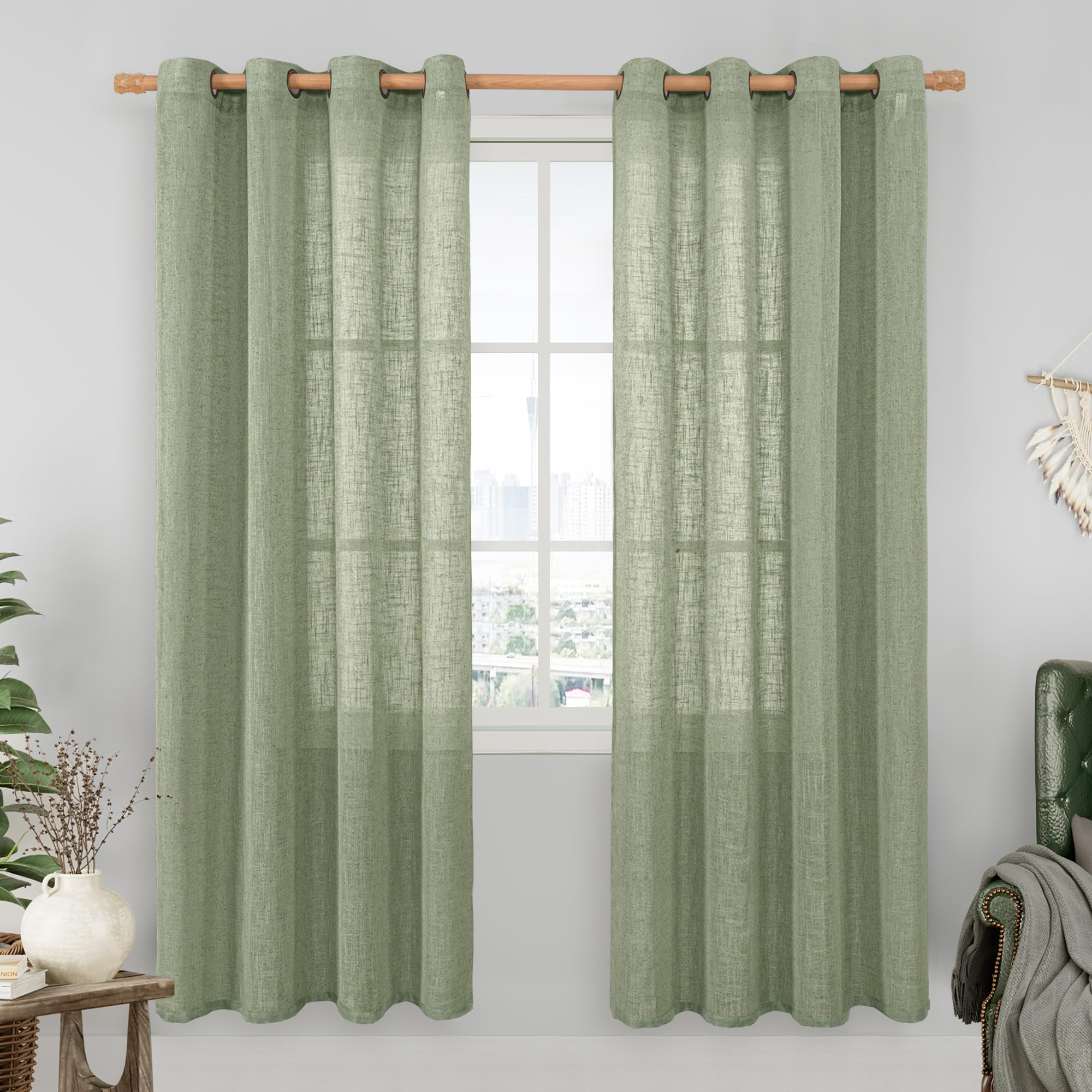 LAMIT Natural Cream Ivory Long Linen Curtains for Living Room, 108 inches Long Bronze Grommet Light Filtering Window Textured Neutral Sheer Drapes for Bedroom Farmhouse, 2 Panels, 52 x 108 Inch