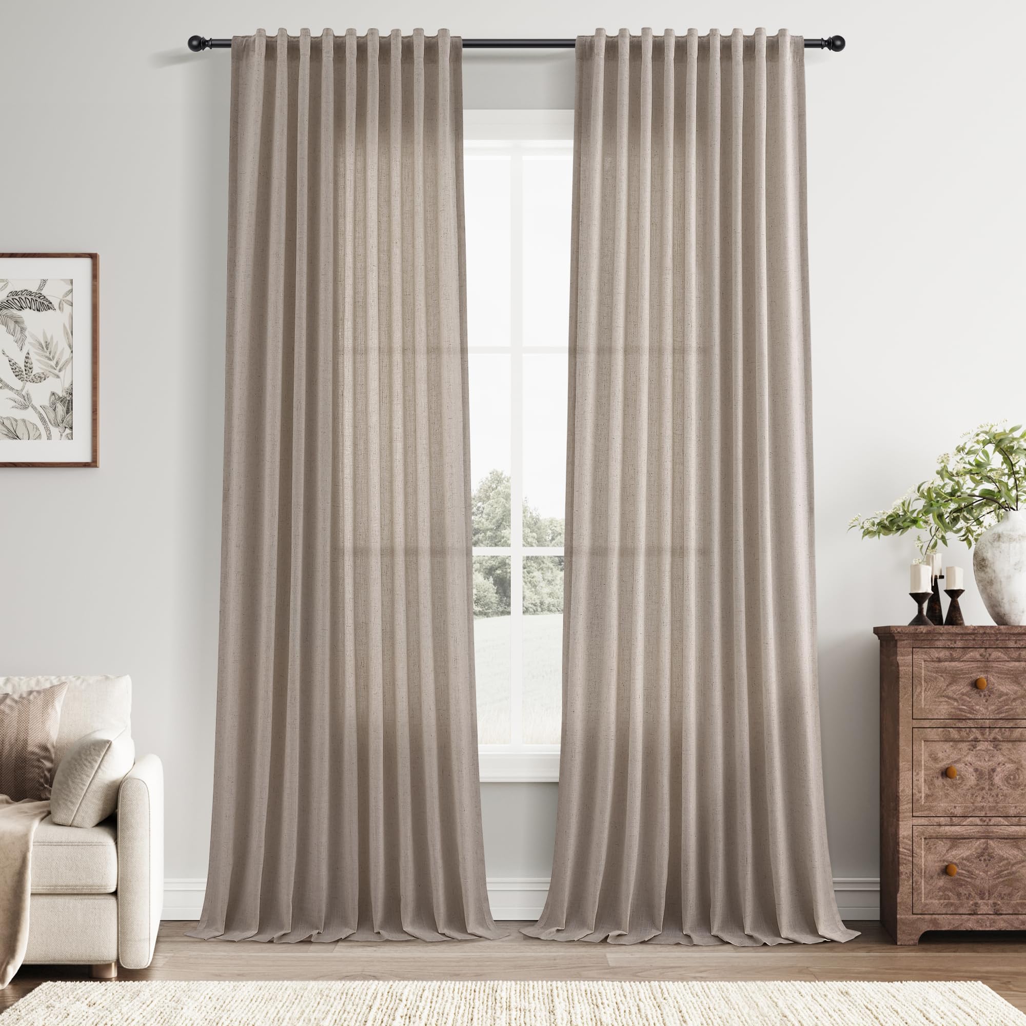 Nanspring Linen Curtains 80 Inches Long for Living Room Semi Sheer Light Filtering Curtain Back Tab Neutral Boho Modern Farmhouse Window Drapes for Bedroom 52x80 2 Panels Cream Ivory Beige Natural
