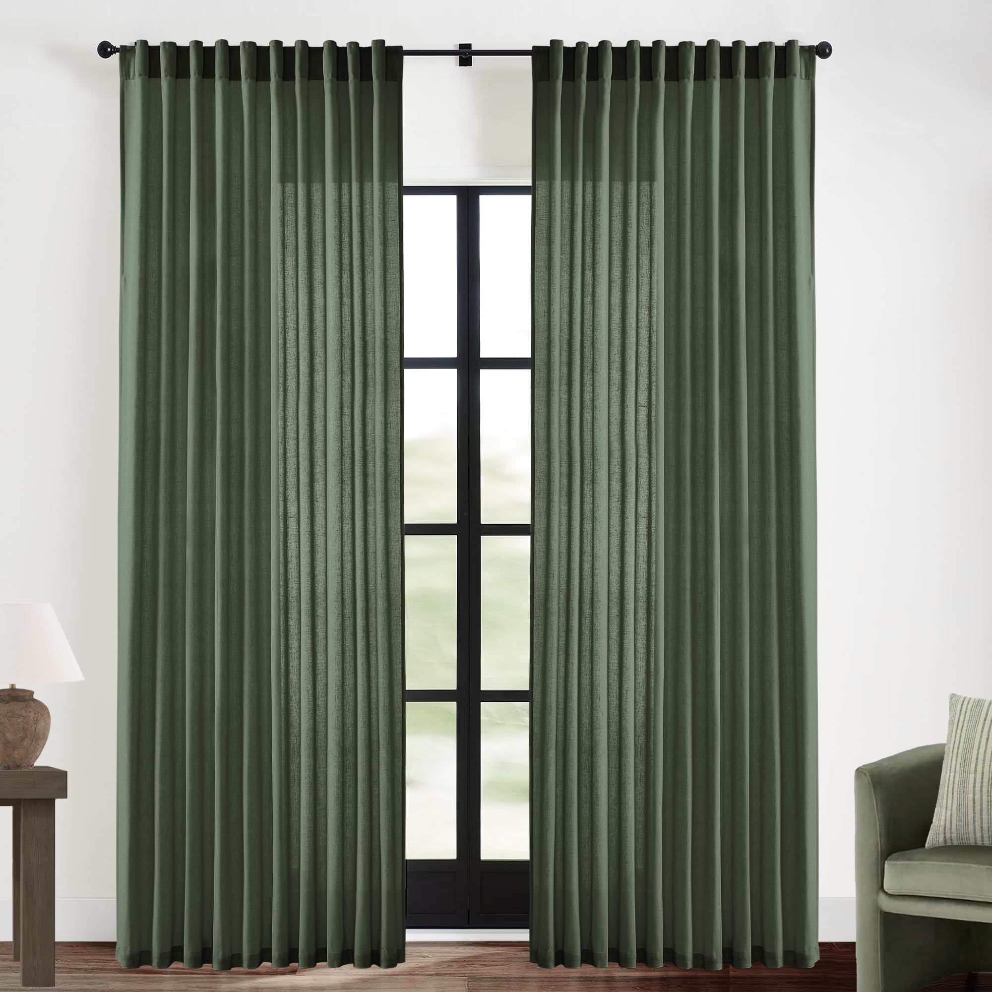 XTMYI 90 Inches Long Sheer Linen Curtains 2 Panels Set,Hook Tape Back Tab Semi Sheer Cotton Blend Fabric Modern Cottage Core Cottagecore Curtain Drapes for Living Room Bedroom,50x90 in Length