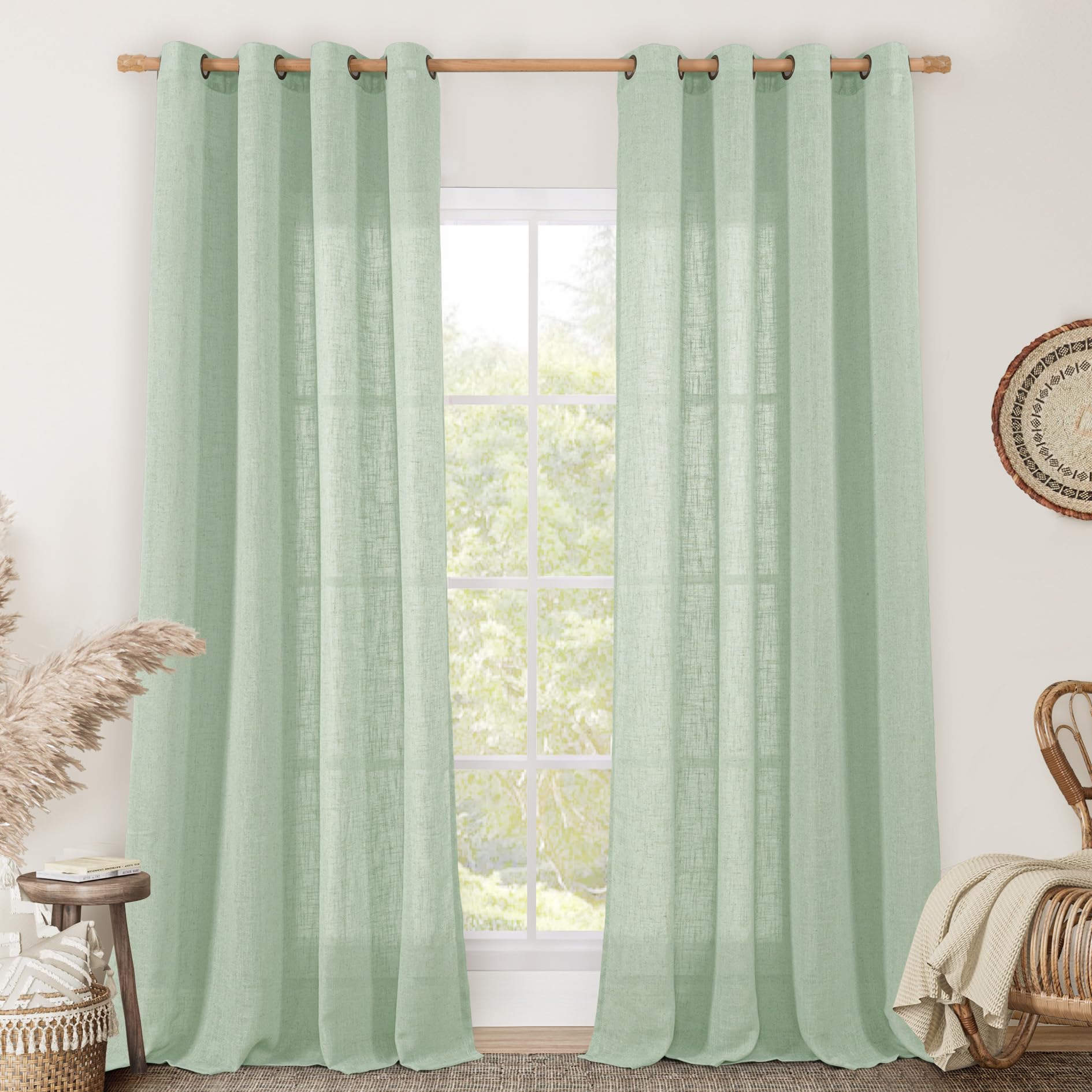 LAMIT Natural Cream Ivory Long Linen Curtains for Living Room, 108 inches Long Bronze Grommet Light Filtering Window Textured Neutral Sheer Drapes for Bedroom Farmhouse, 2 Panels, 52 x 108 Inch