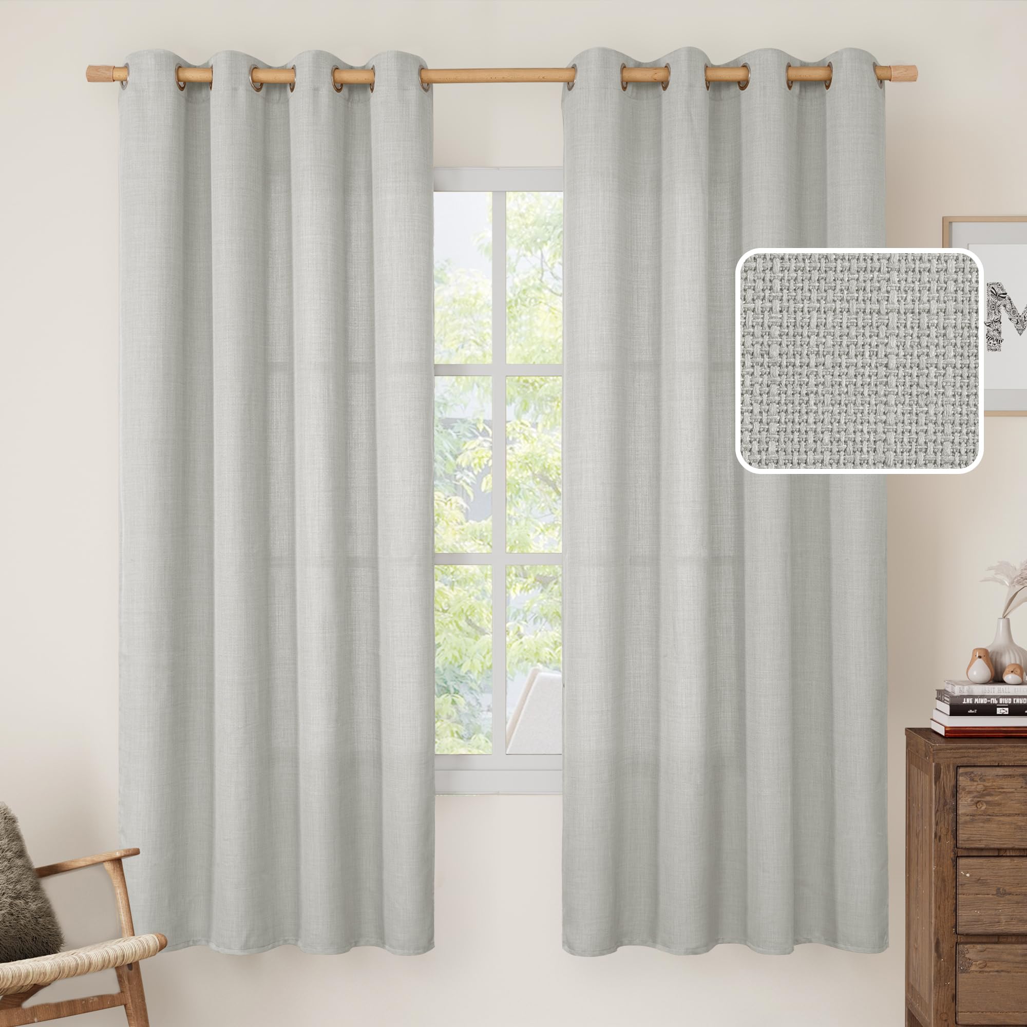 LAMIT Natural Cream Ivory Long Linen Curtains for Living Room, 108 inches Long Bronze Grommet Light Filtering Window Textured Neutral Sheer Drapes for Bedroom Farmhouse, 2 Panels, 52 x 108 Inch