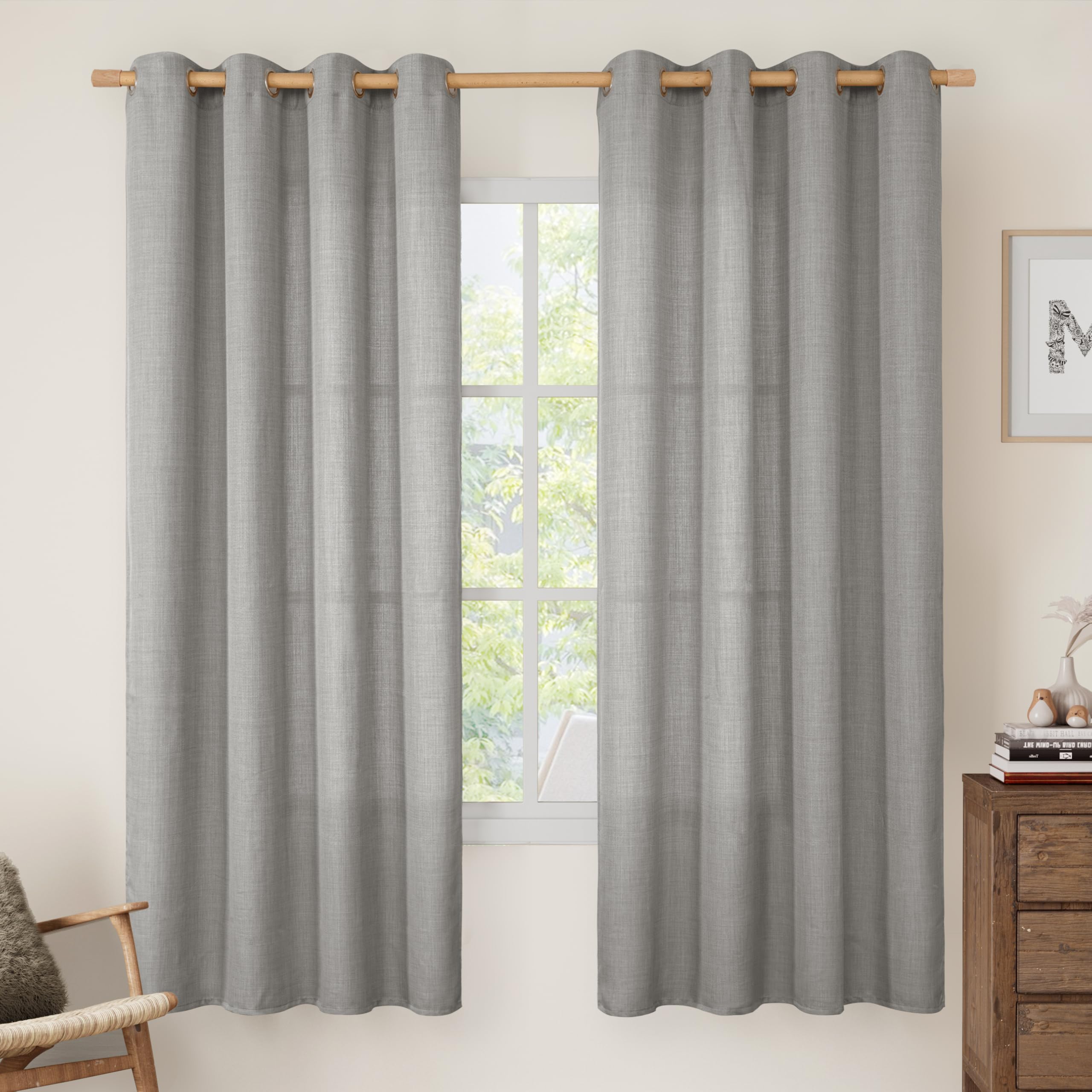 LAMIT Natural Cream Ivory Long Linen Curtains for Living Room, 108 inches Long Bronze Grommet Light Filtering Window Textured Neutral Sheer Drapes for Bedroom Farmhouse, 2 Panels, 52 x 108 Inch