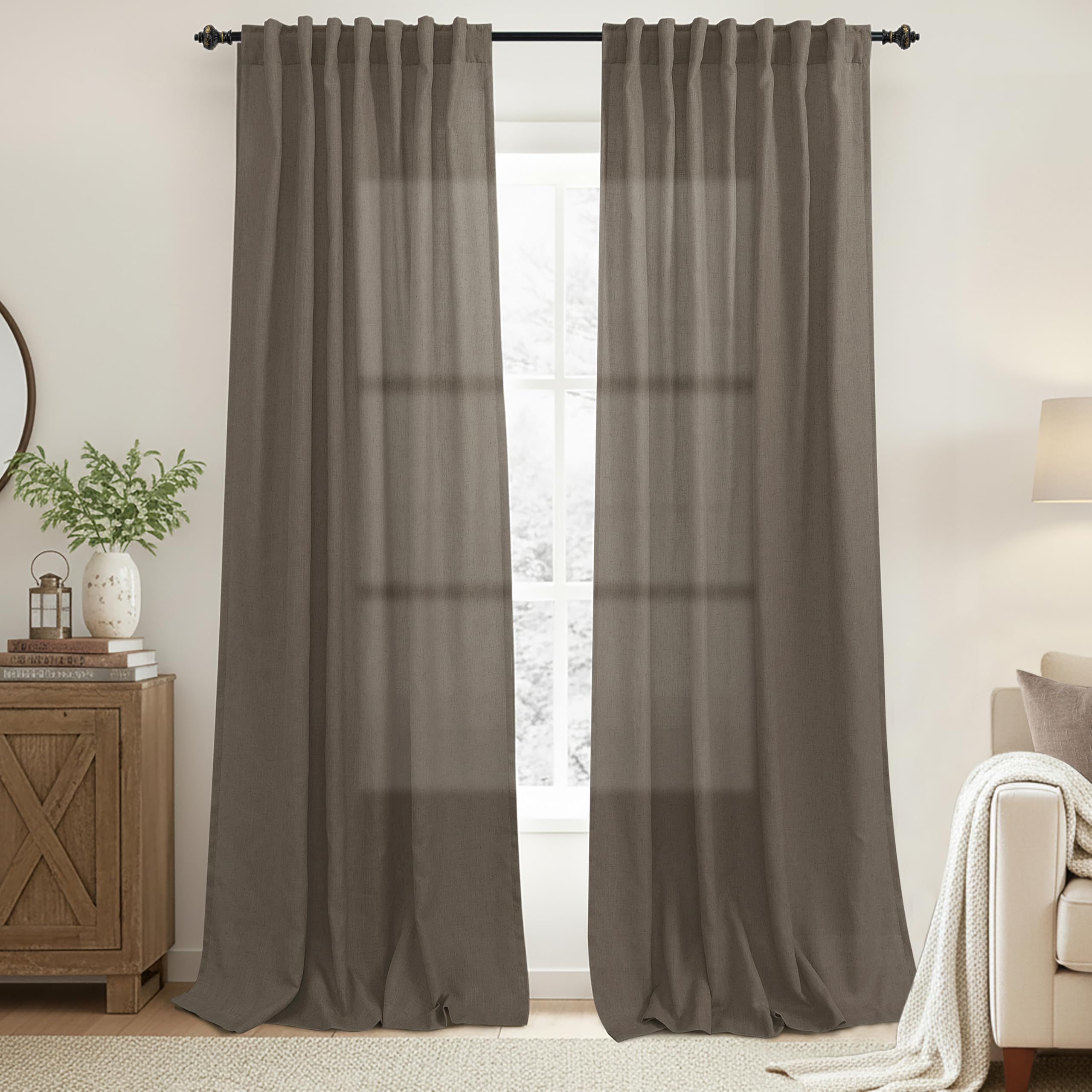 KOUFALL 92 Inch Curtains for Living Room 2 Panels Set,Light Filtering Farmhouse Boho Linen Semi Sheer Curtain Drapes 92 Inches Long for Bedroom,Cream Ivory