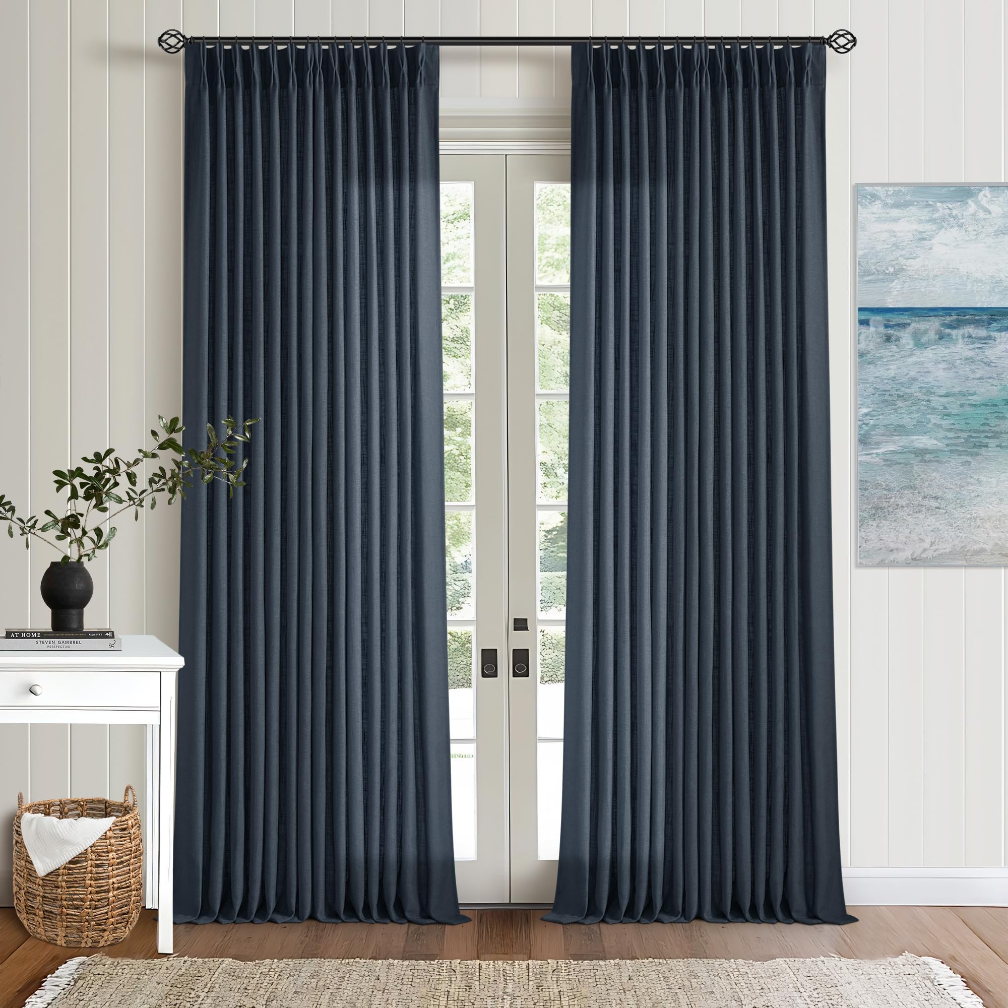 Natural Pinch Pleated Linen Curtains 84 Inch Length 2 Panels for Living Room Bedroom Textured Cream Ivory Birch Semi Sheer Boho Neutral Back Tab Pinch Pleat Hooks Rings Window Curtain 84 Inches Long