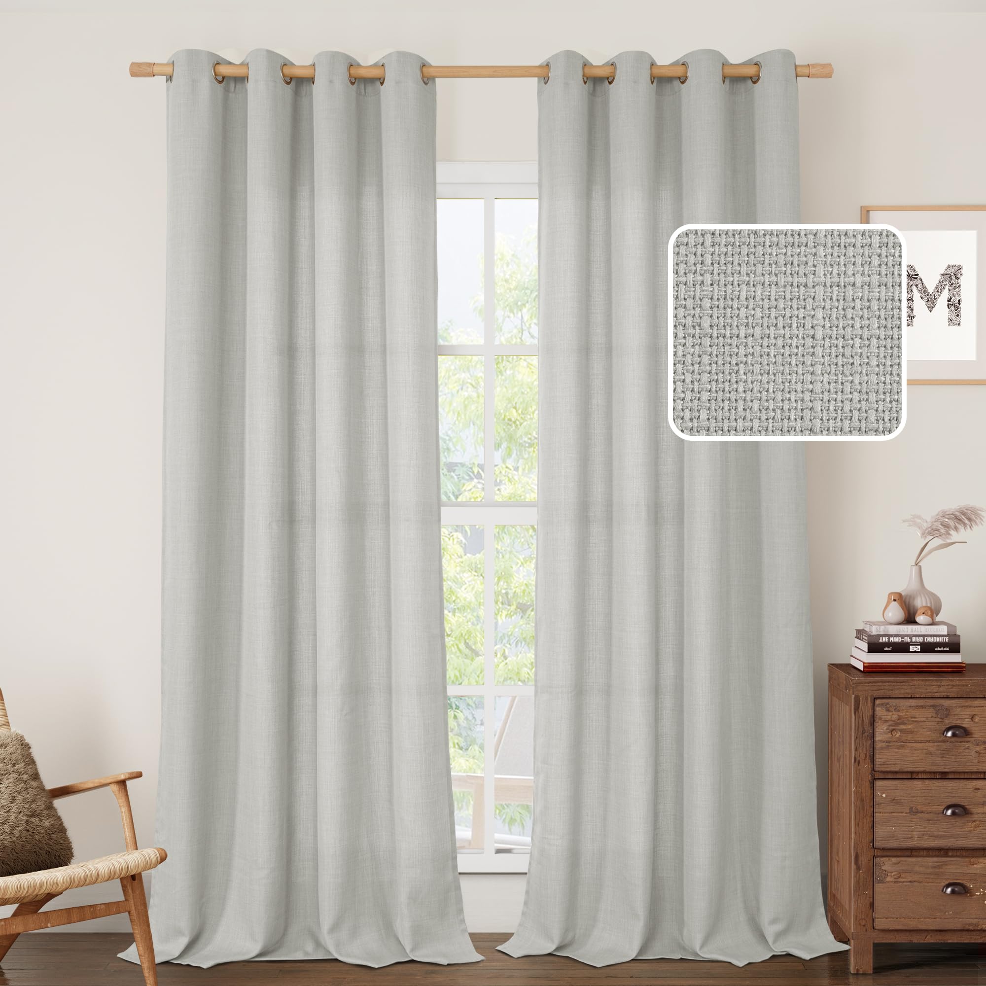 LAMIT Natural Cream Ivory Long Linen Curtains for Living Room, 108 inches Long Bronze Grommet Light Filtering Window Textured Neutral Sheer Drapes for Bedroom Farmhouse, 2 Panels, 52 x 108 Inch