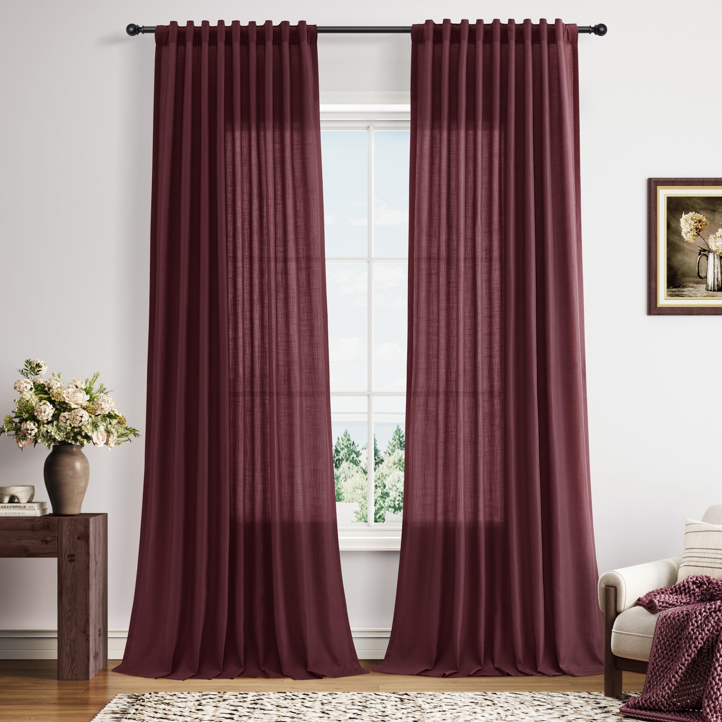 Nanspring Linen Curtains 80 Inches Long for Living Room Semi Sheer Light Filtering Curtain Back Tab Neutral Boho Modern Farmhouse Window Drapes for Bedroom 52x80 2 Panels Cream Ivory Beige Natural