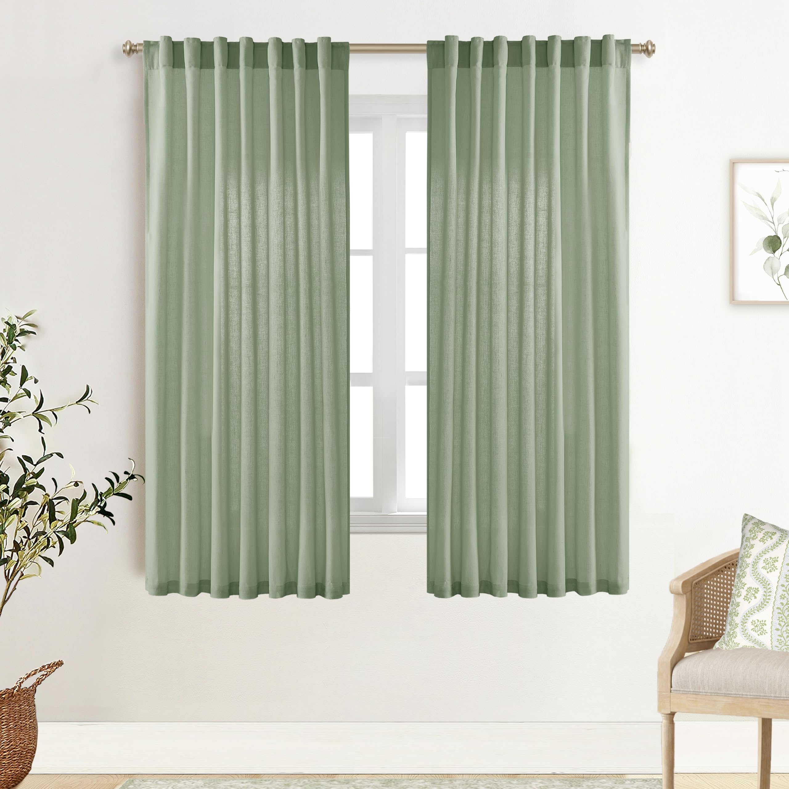 XTMYI 90 Inches Long Sheer Linen Curtains 2 Panels Set,Hook Tape Back Tab Semi Sheer Cotton Blend Fabric Modern Cottage Core Cottagecore Curtain Drapes for Living Room Bedroom,50x90 in Length
