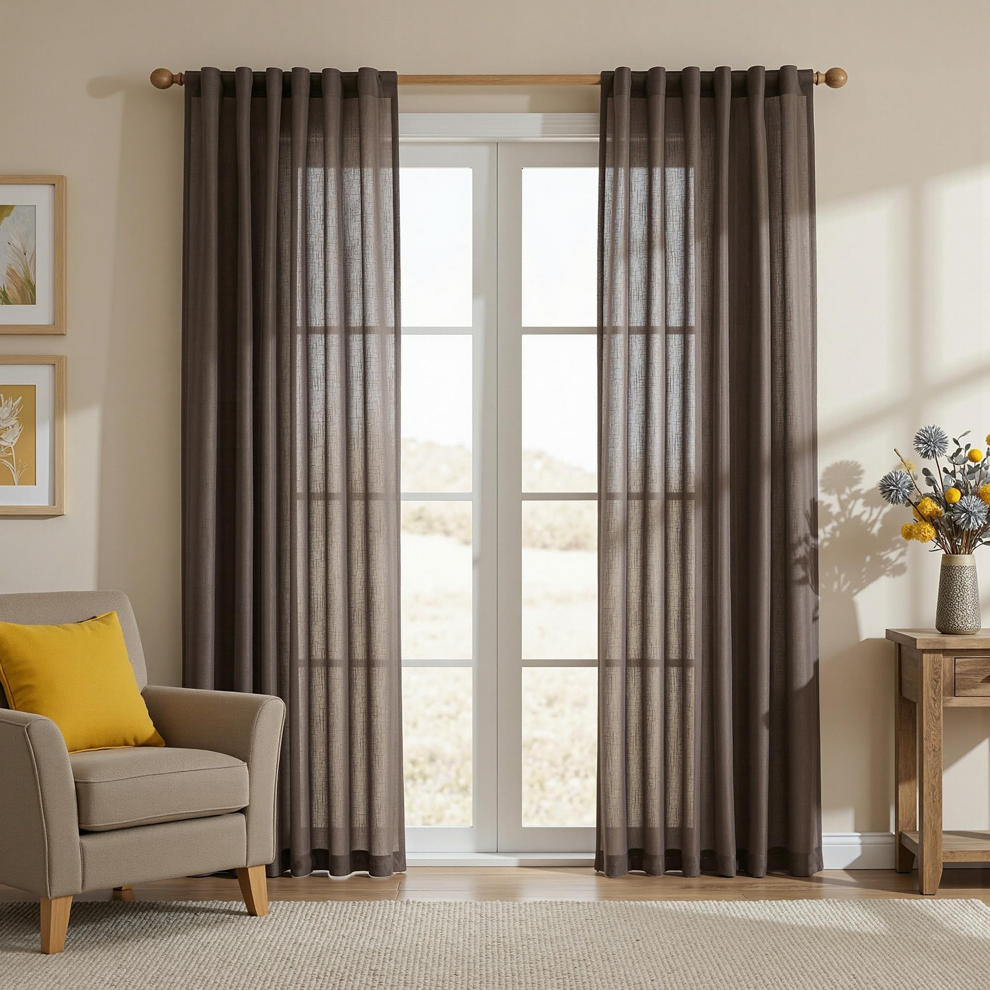 MYSKY HOME Country Curtains for Sliding Glass Door, Back Tab Semi Sheer Curtain Panels Extra Long Floor Length Drapes Linen Texture Soft Touch, 50x108 Inch, Linen, Set of 2