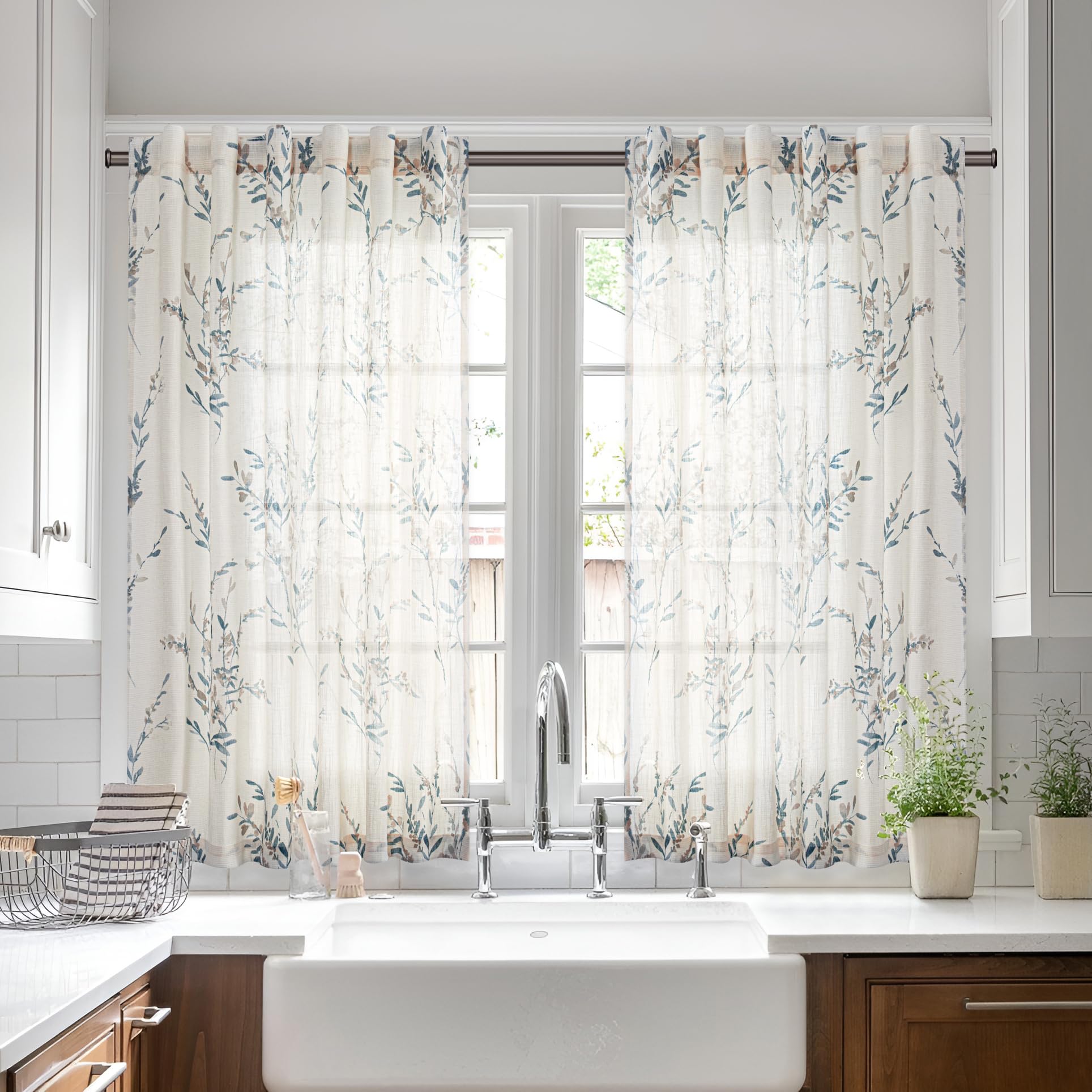 MYSKY HOME Sheer Curtains 84 Inches Long 2 Panels Linen Blended Farmhouse Curtains & Drapes for Living Room Bedroom, Light Filtering Privacy Curtains Floral Printed Classical Home Decor, Navy Blue(2)