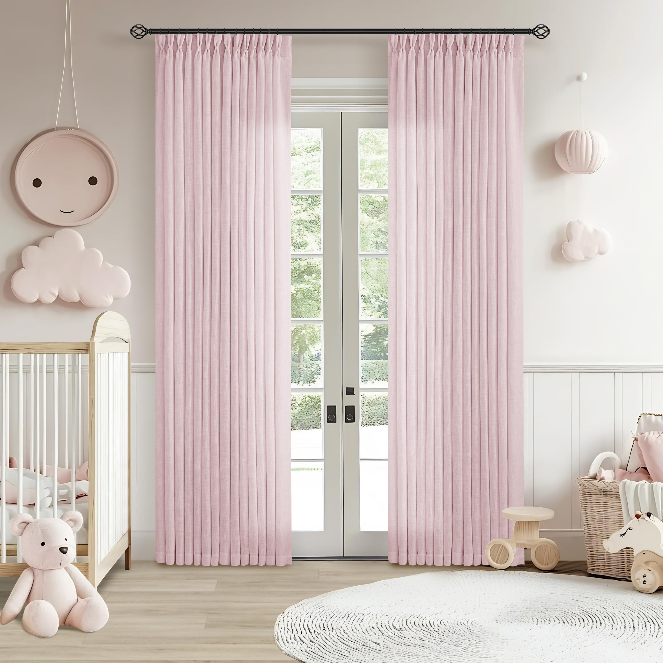 Natural Pinch Pleated Linen Curtains 84 Inch Length 2 Panels for Living Room Bedroom Textured Cream Ivory Birch Semi Sheer Boho Neutral Back Tab Pinch Pleat Hooks Rings Window Curtain 84 Inches Long