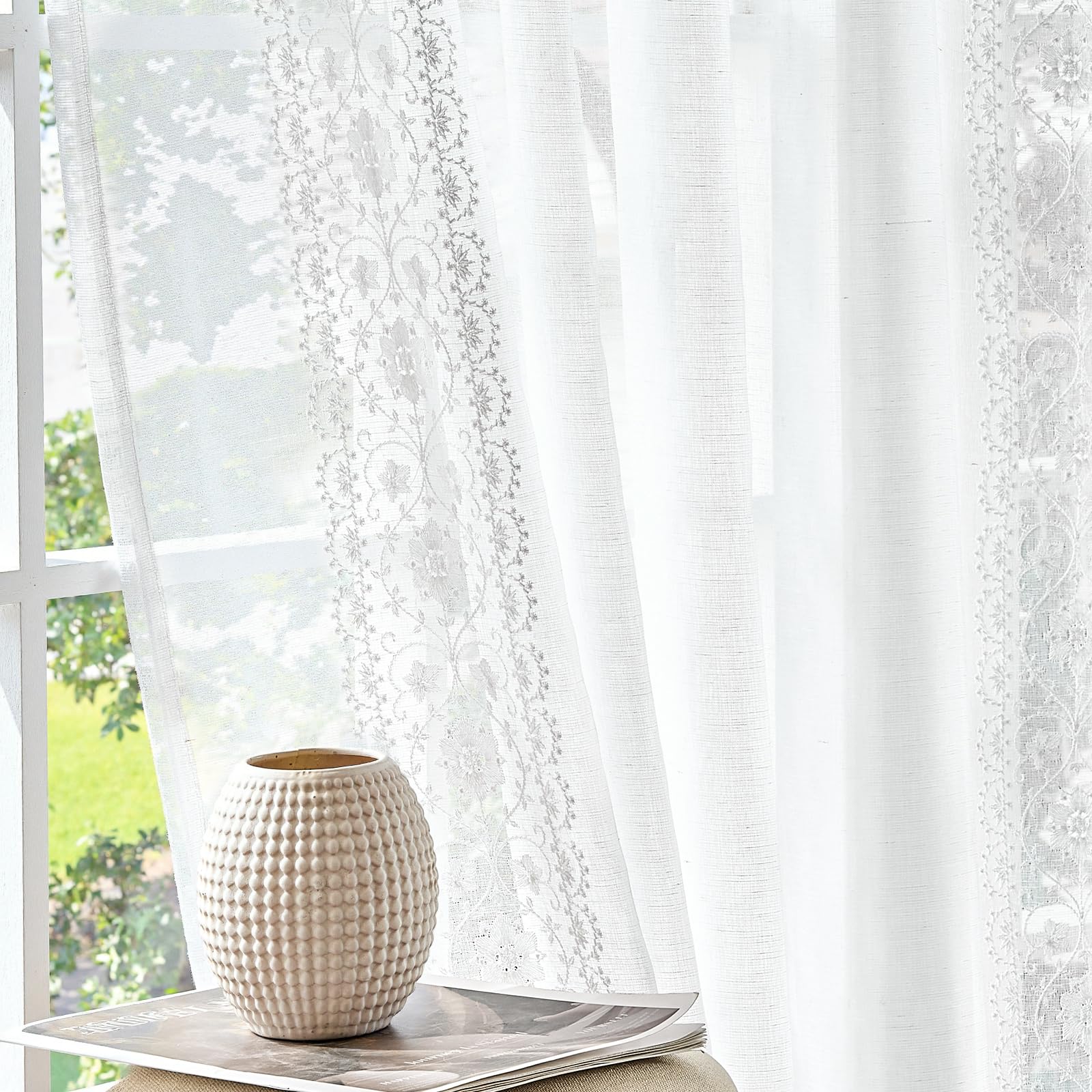 jinchan Weslie Beige Floral Sheer Curtains for Living Room 84 Inch Long Embroidered Voile Farmhouse Linen Curtains for Bedroom Ivory Flower Patterned Cottage Core Window Drapes 2 Panels Ivory on Beige