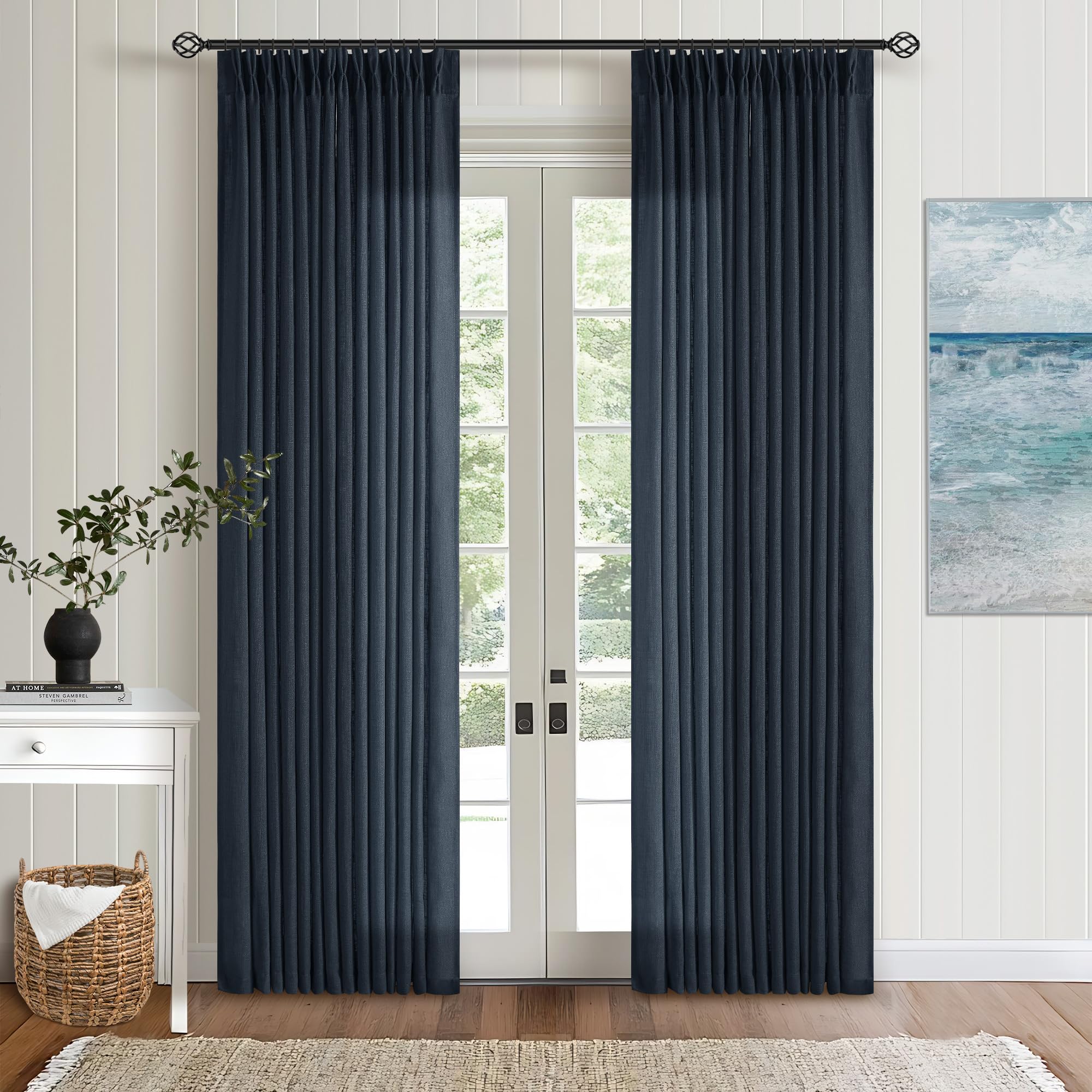 Natural Pinch Pleated Linen Curtains 84 Inch Length 2 Panels for Living Room Bedroom Textured Cream Ivory Birch Semi Sheer Boho Neutral Back Tab Pinch Pleat Hooks Rings Window Curtain 84 Inches Long
