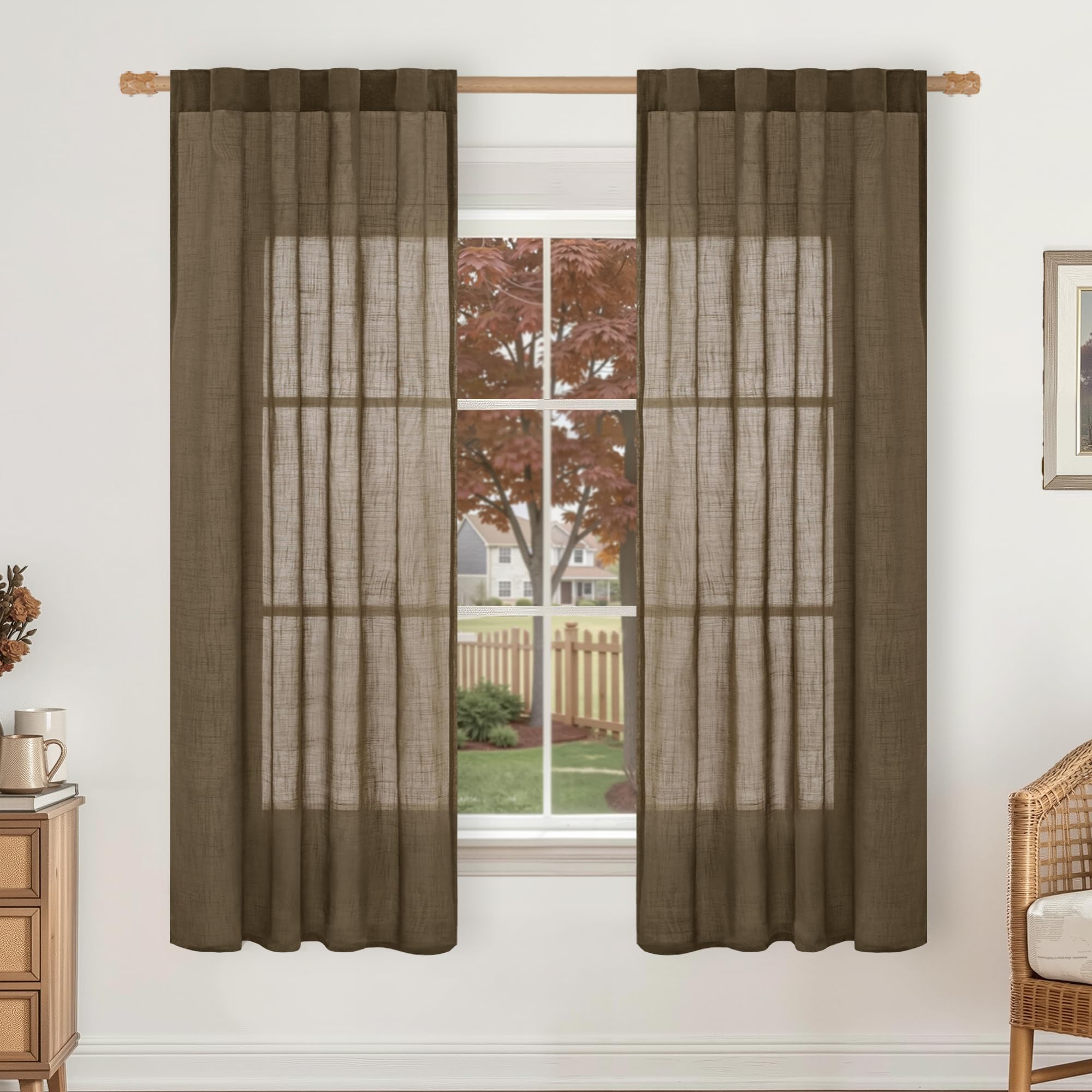 LAMIT Natural Linen Sheer Curtains 90 Inches Long 2 Panels, Long Light Filtering Window Treatments Back Tab and Rod Pocket Farmhouse Boho Panels for Living Room/Bedroom/Dining Room, 52 x 90 Inch