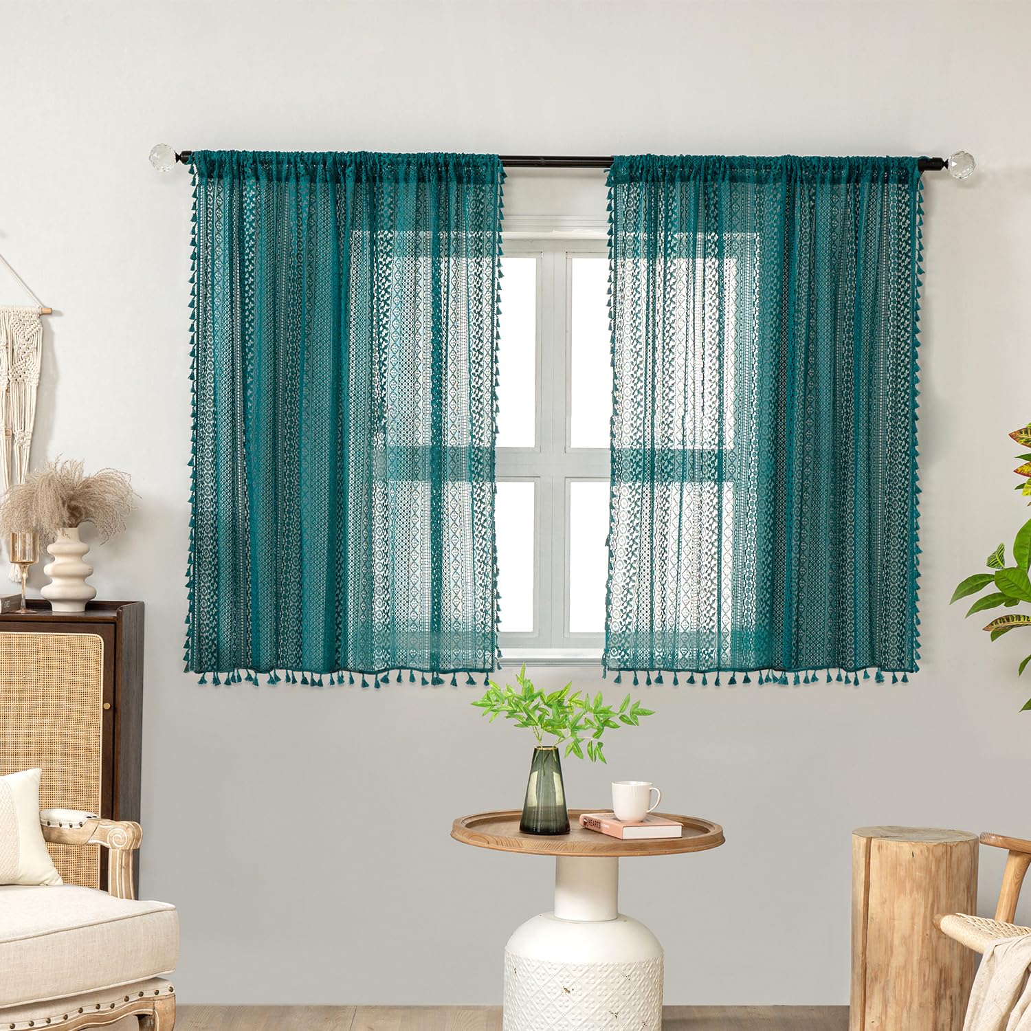 WAZZIO Boho Lace Curtains 108 Inch 2 Panel,Light Filtering Privacy Tassel & Geometry Crochet Semi Sheer Curtain Drapes for Bedroom Living Dining Room,Rod Pocket & Tassel,Vintage Farmhouse Decor,Beige