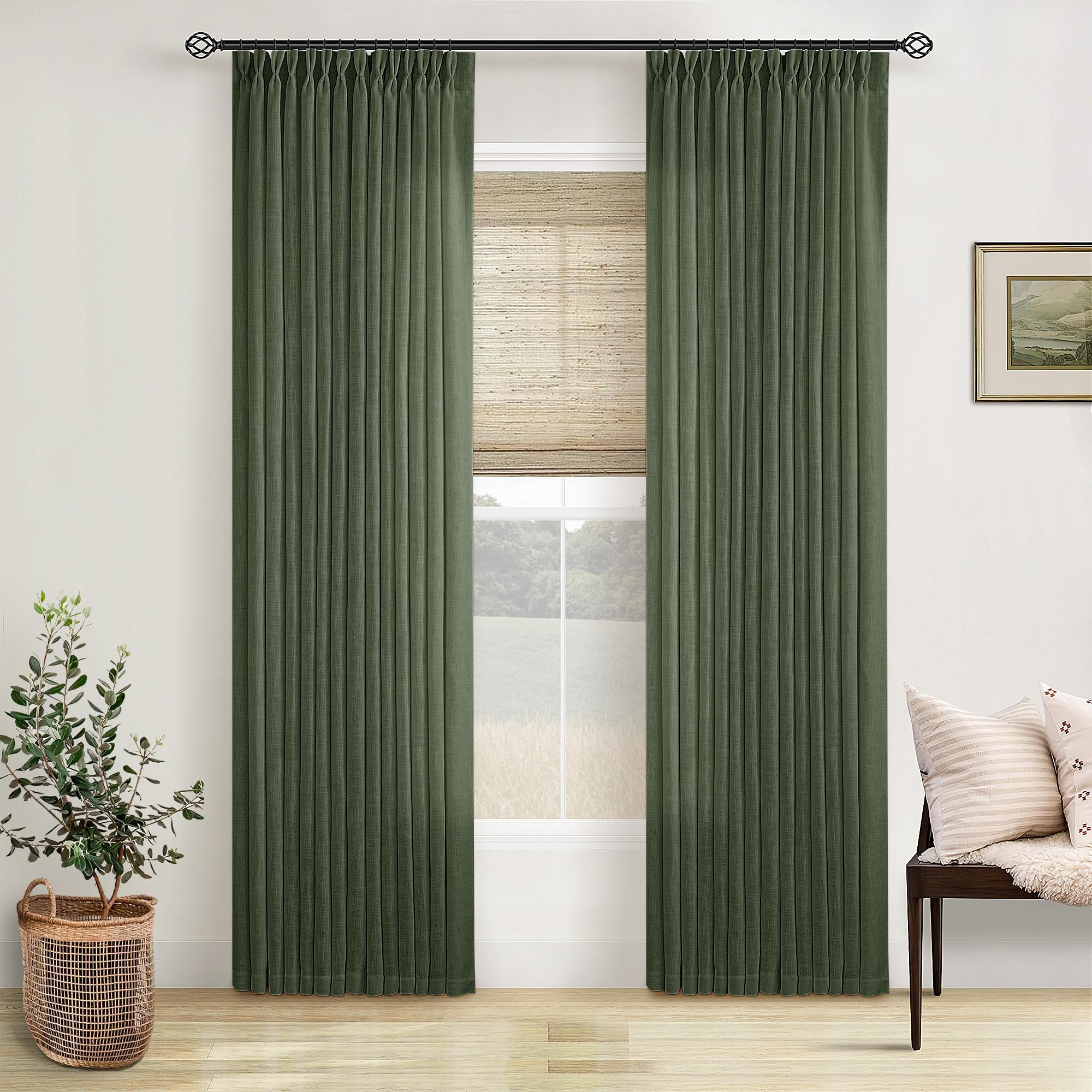 Natural Pinch Pleated Linen Curtains 84 Inch Length 2 Panels for Living Room Bedroom Textured Cream Ivory Birch Semi Sheer Boho Neutral Back Tab Pinch Pleat Hooks Rings Window Curtain 84 Inches Long