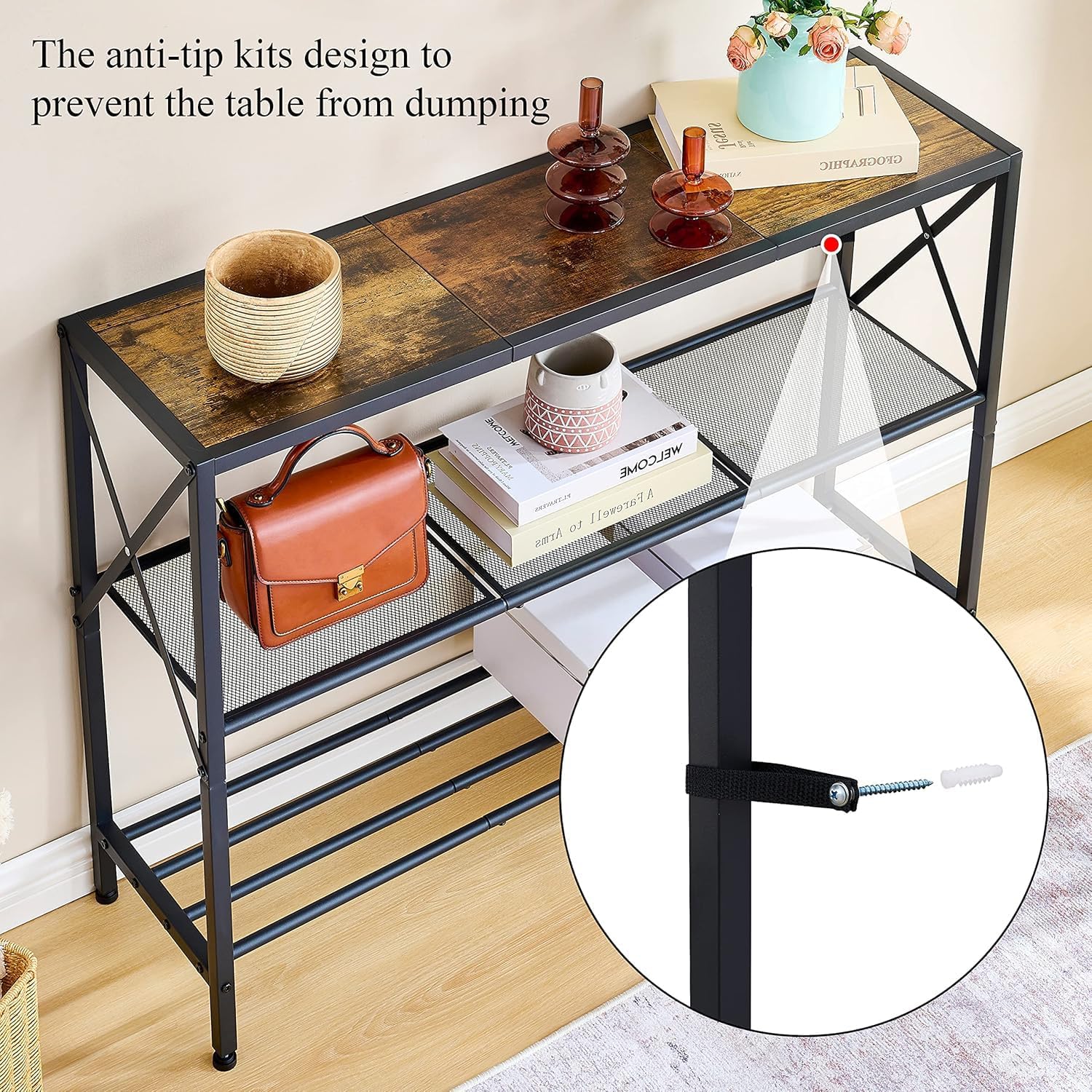 Hoctieon Industrial Console Table, 3 Tier Entryway Table, Hallway Table, Narrow Sofa Table with Shelves, Entrance Table for Entryway, Living Room, Foyer, Hallway, Office, Rustic Brown&Black