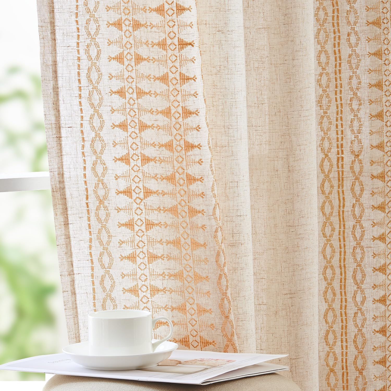 jinchan Weslie Beige Floral Sheer Curtains for Living Room 84 Inch Long Embroidered Voile Farmhouse Linen Curtains for Bedroom Ivory Flower Patterned Cottage Core Window Drapes 2 Panels Ivory on Beige