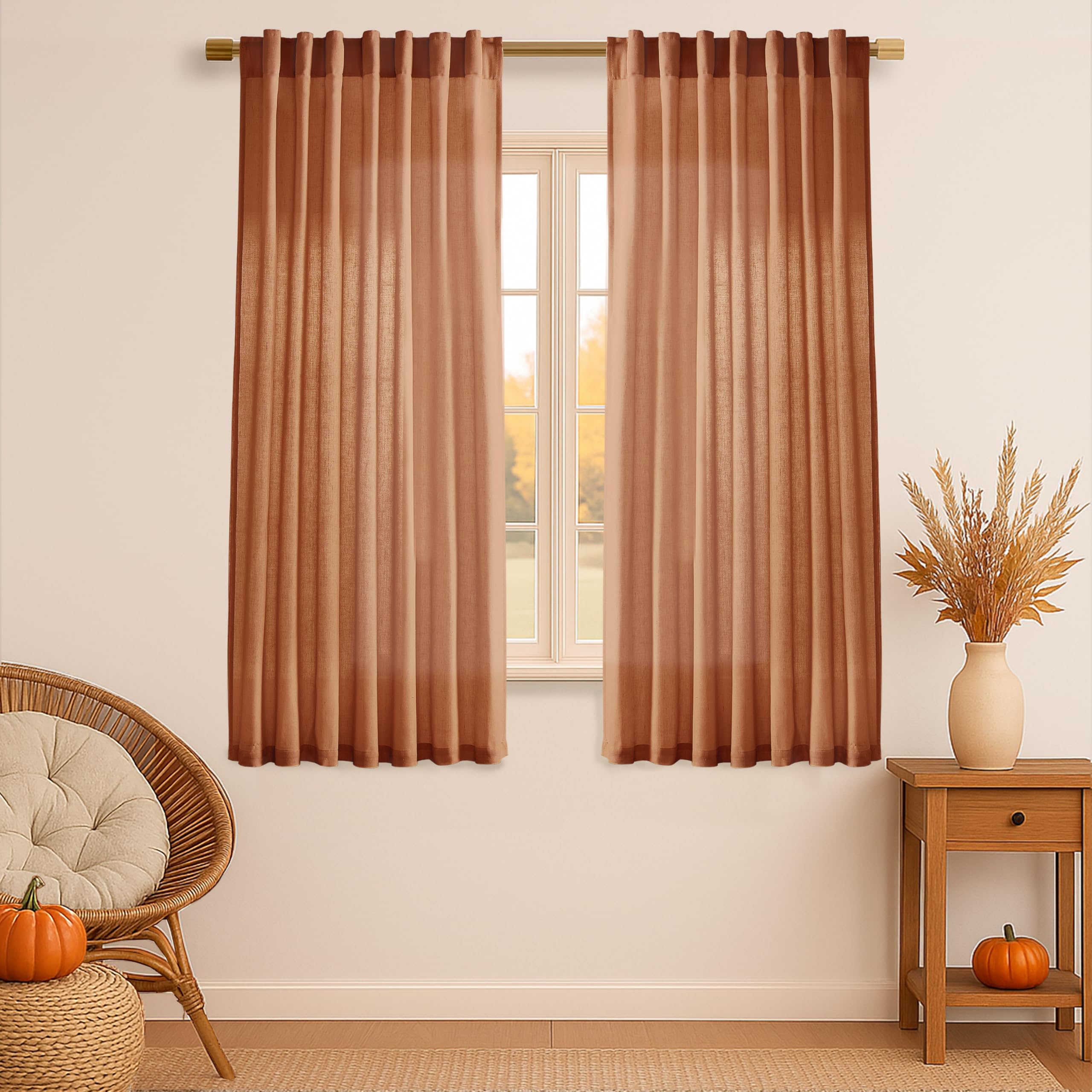 XTMYI 90 Inches Long Sheer Linen Curtains 2 Panels Set,Hook Tape Back Tab Semi Sheer Cotton Blend Fabric Modern Cottage Core Cottagecore Curtain Drapes for Living Room Bedroom,50x90 in Length