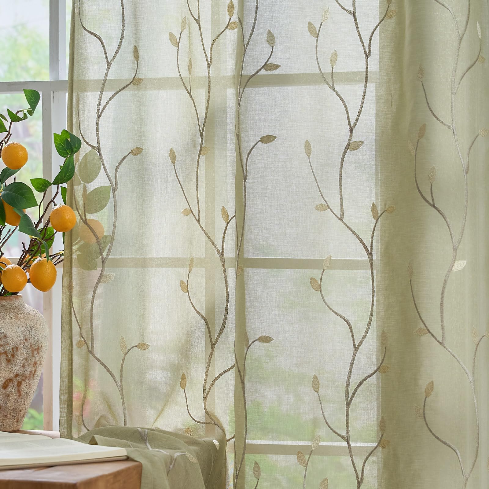jinchan Sheer Curtains for Bedroom 84 Inch Length Leaf Embroidered Semi Sheers for Living Room Botanical Embroidery Voile Transparent Grommet Window Treatments Taupe 2 Panels
