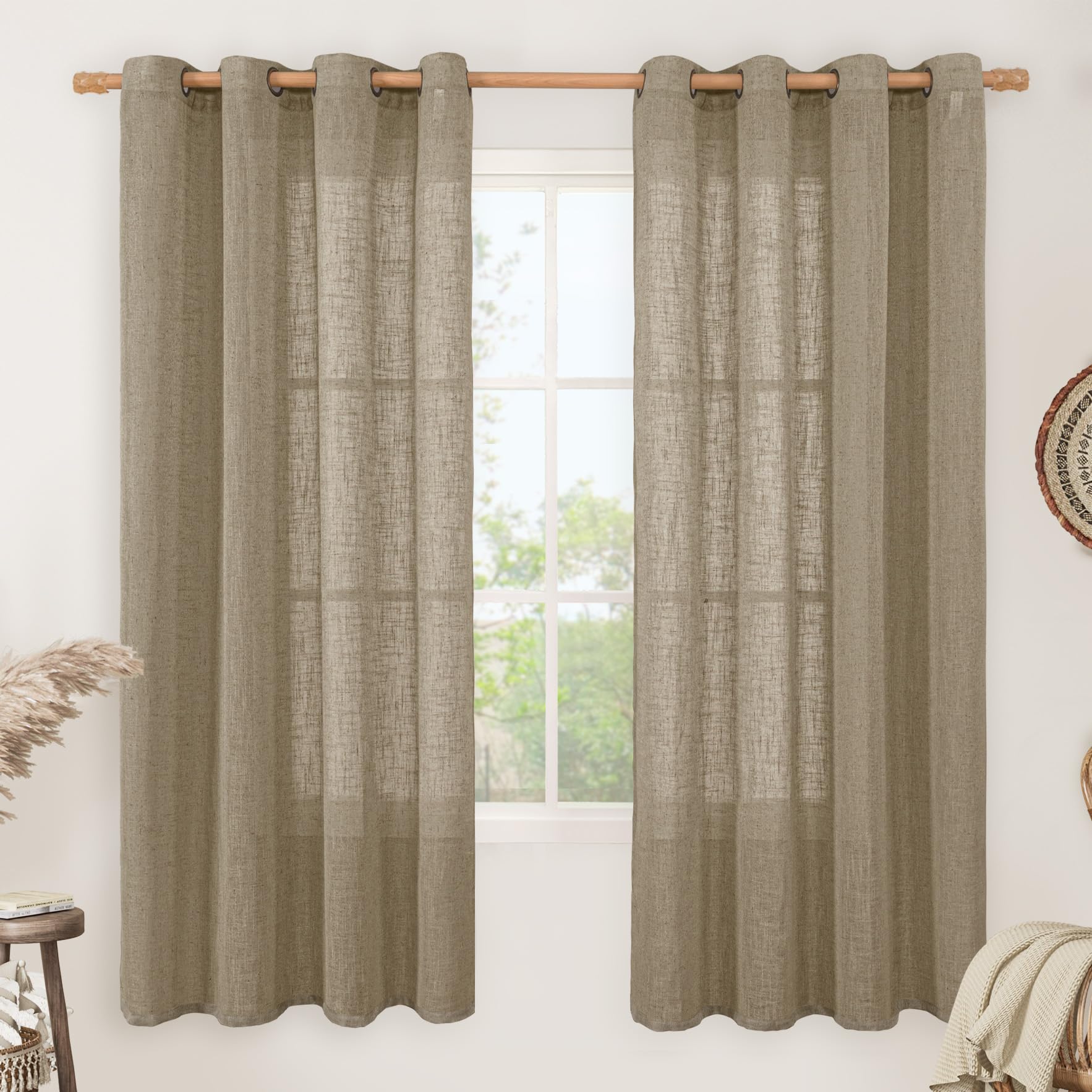 LAMIT Natural Cream Ivory Long Linen Curtains for Living Room, 108 inches Long Bronze Grommet Light Filtering Window Textured Neutral Sheer Drapes for Bedroom Farmhouse, 2 Panels, 52 x 108 Inch