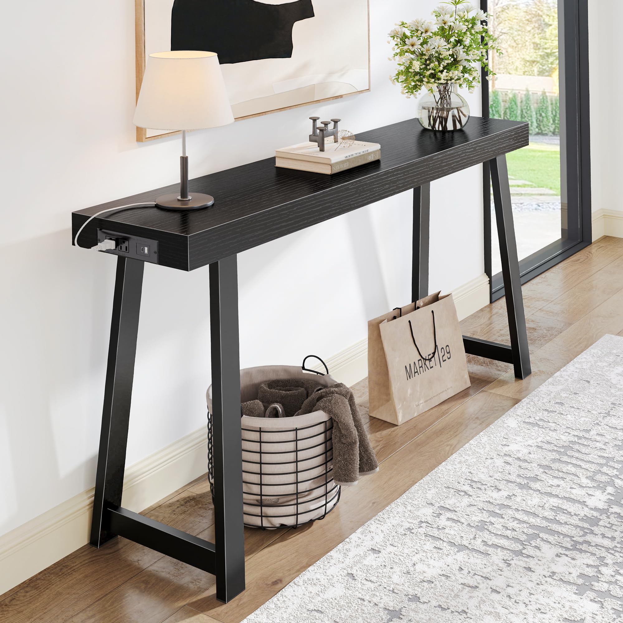 47.2" Black Modern Console Table with Charging Station & Metal Legs
