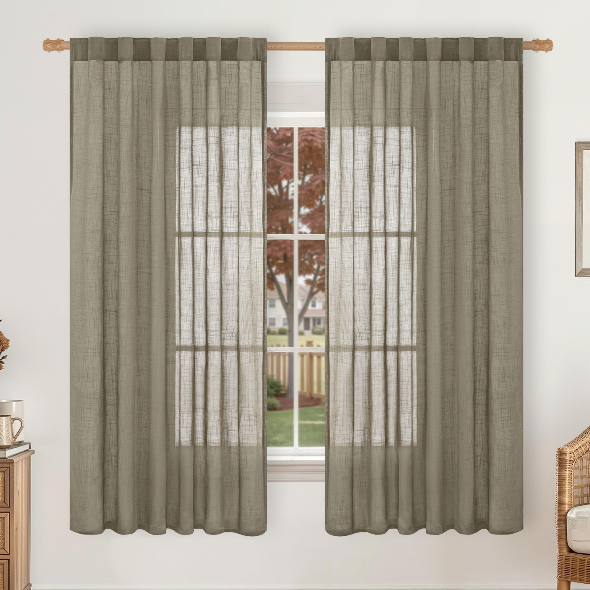 LAMIT Natural Linen Sheer Curtains 90 Inches Long 2 Panels, Long Light Filtering Window Treatments Back Tab and Rod Pocket Farmhouse Boho Panels for Living Room/Bedroom/Dining Room, 52 x 90 Inch