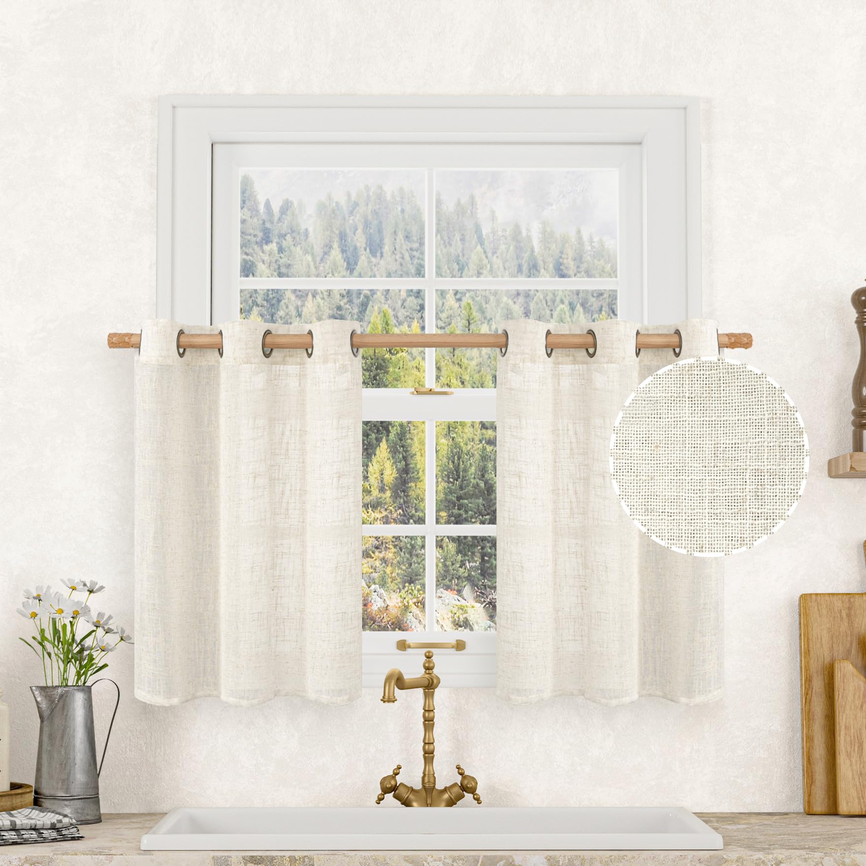 LAMIT Natural Cream Ivory Long Linen Curtains for Living Room, 108 inches Long Bronze Grommet Light Filtering Window Textured Neutral Sheer Drapes for Bedroom Farmhouse, 2 Panels, 52 x 108 Inch