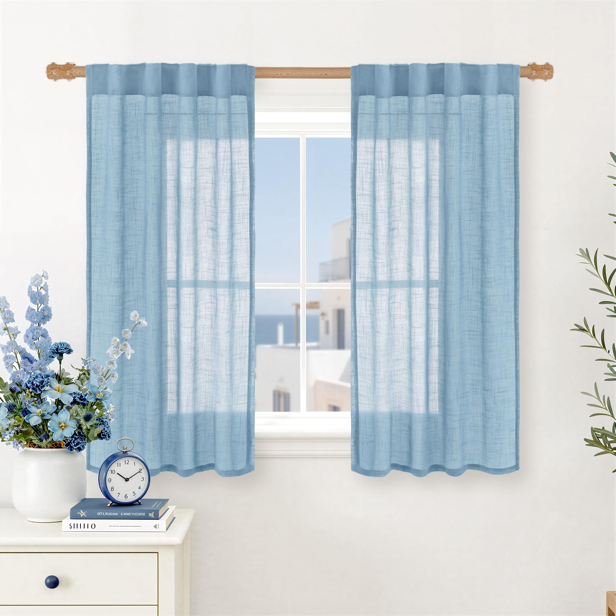 LAMIT Natural Linen Sheer Curtains 90 Inches Long 2 Panels, Long Light Filtering Window Treatments Back Tab and Rod Pocket Farmhouse Boho Panels for Living Room/Bedroom/Dining Room, 52 x 90 Inch