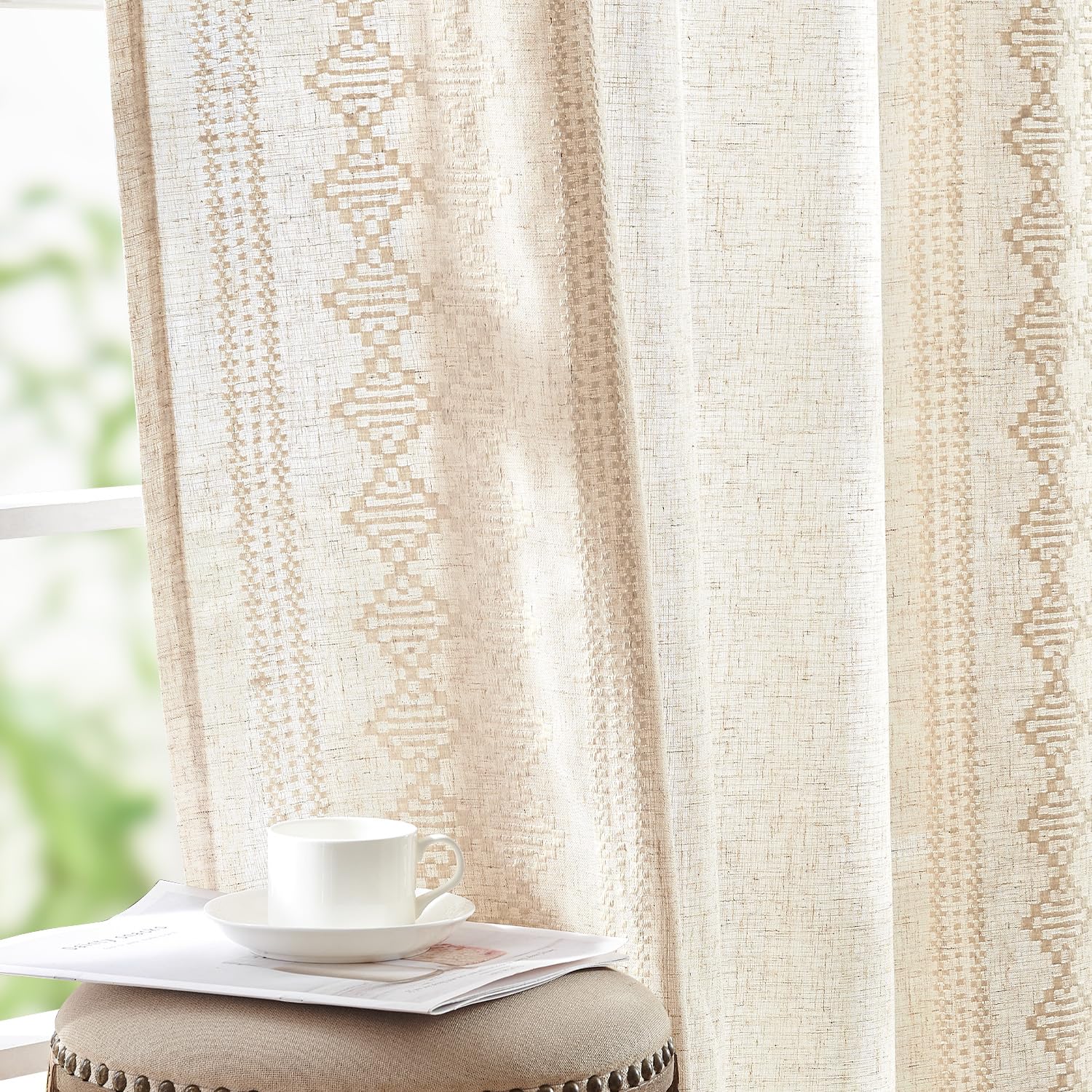 jinchan Weslie Beige Floral Sheer Curtains for Living Room 84 Inch Long Embroidered Voile Farmhouse Linen Curtains for Bedroom Ivory Flower Patterned Cottage Core Window Drapes 2 Panels Ivory on Beige