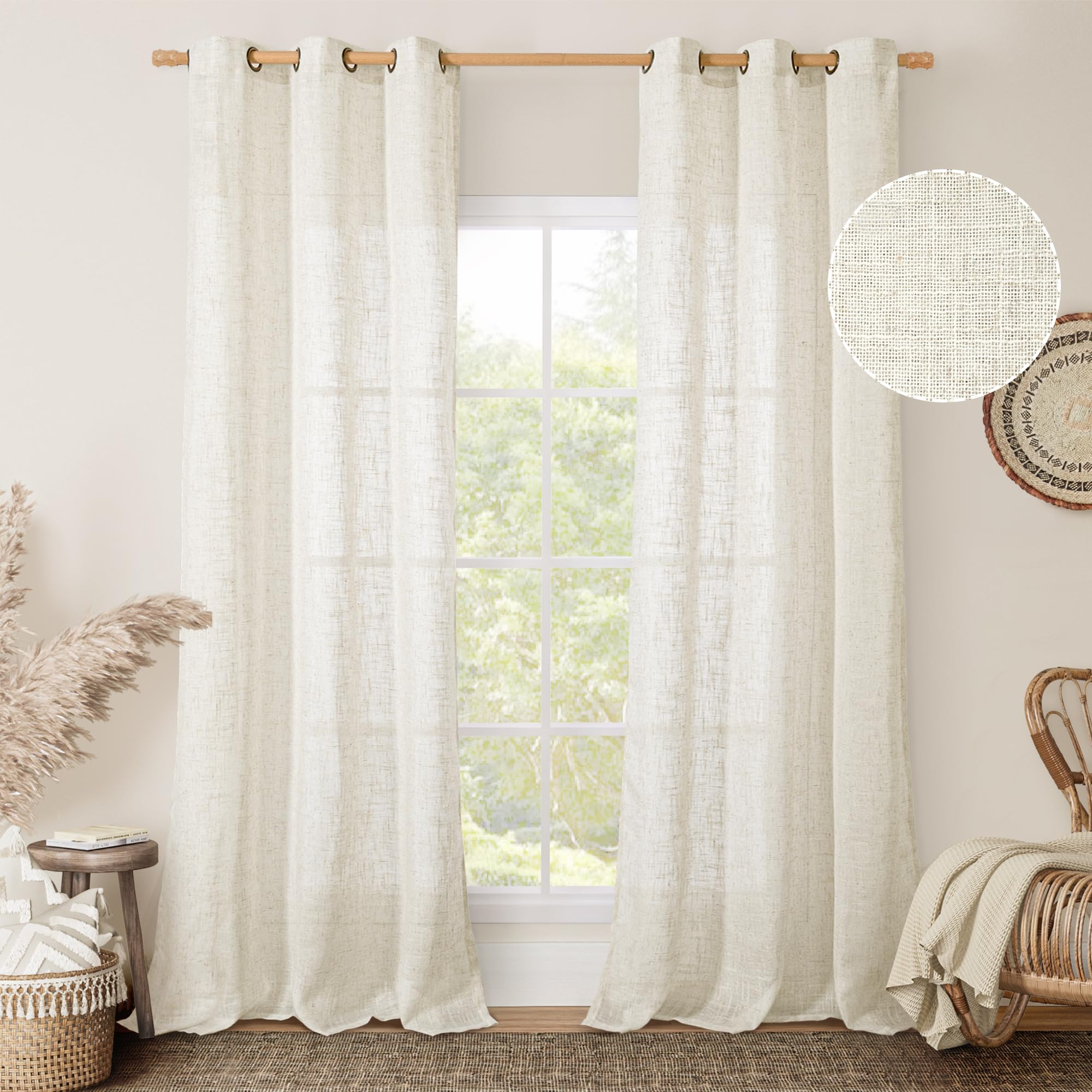 LAMIT Natural Cream Ivory Long Linen Curtains for Living Room, 108 inches Long Bronze Grommet Light Filtering Window Textured Neutral Sheer Drapes for Bedroom Farmhouse, 2 Panels, 52 x 108 Inch